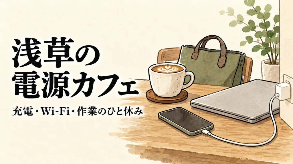 浅草の電源カフェ。コーヒーとスマートフォンの充電を描いたイラスト