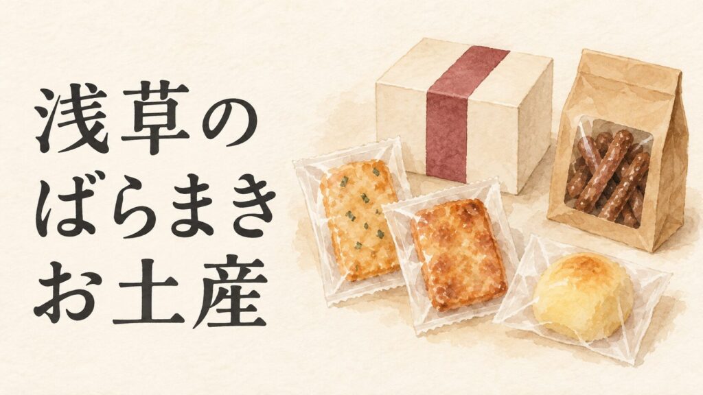 浅草のばらまき土産をイメージした個包装のお菓子と小箱のイラスト