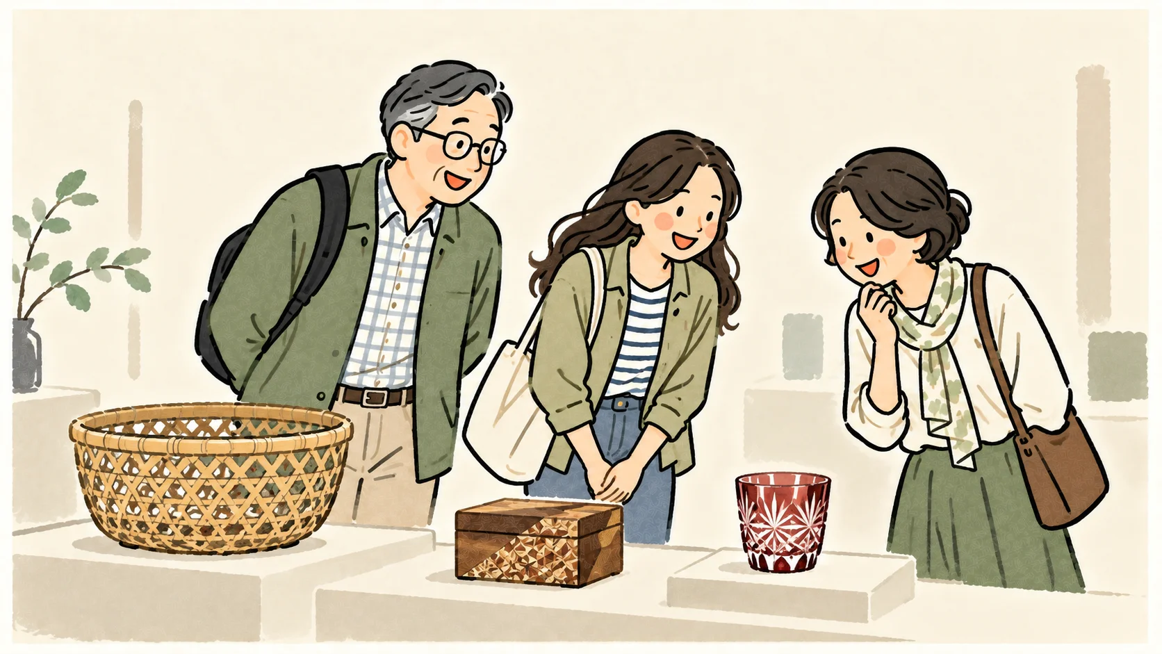 工芸品を眺める人たちを描いたイラスト