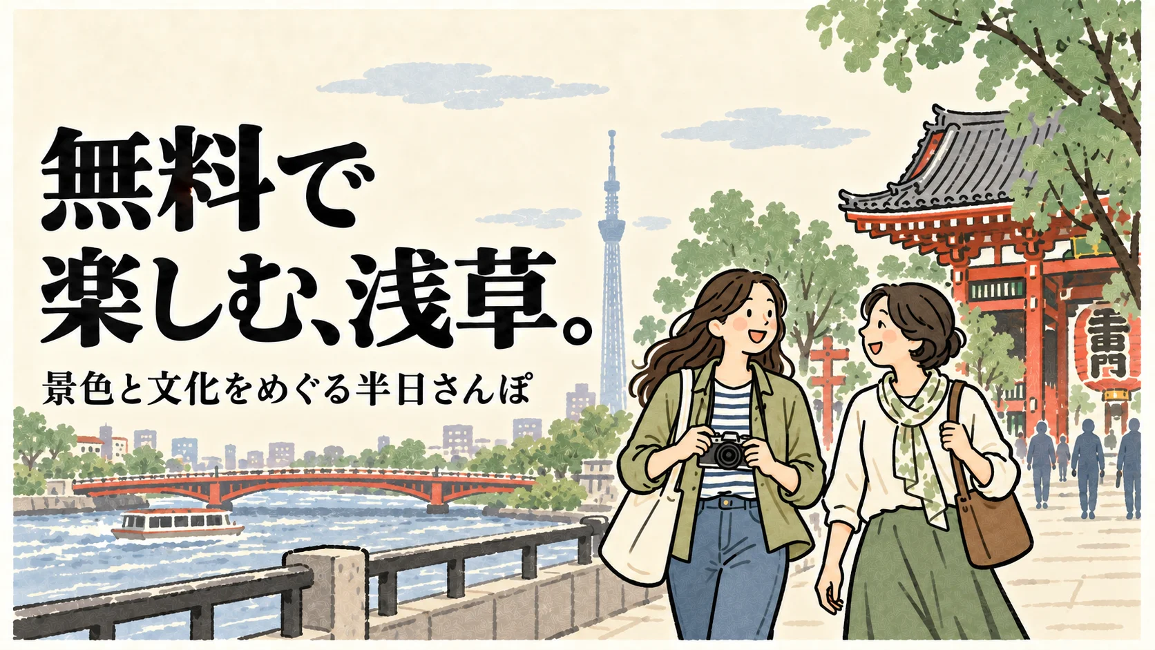 無料で楽しむ浅草。景色と文化をめぐる半日さんぽのイラスト