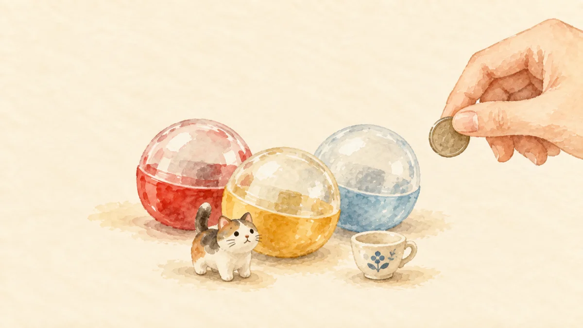 カプセルトイを選ぶ楽しみを表した水彩イラスト