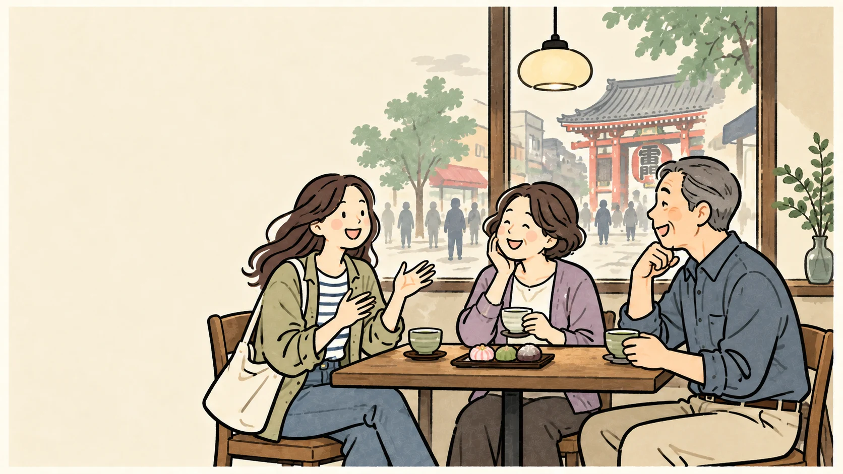 両親とお茶を飲みながら会話を楽しむ親子のイラスト