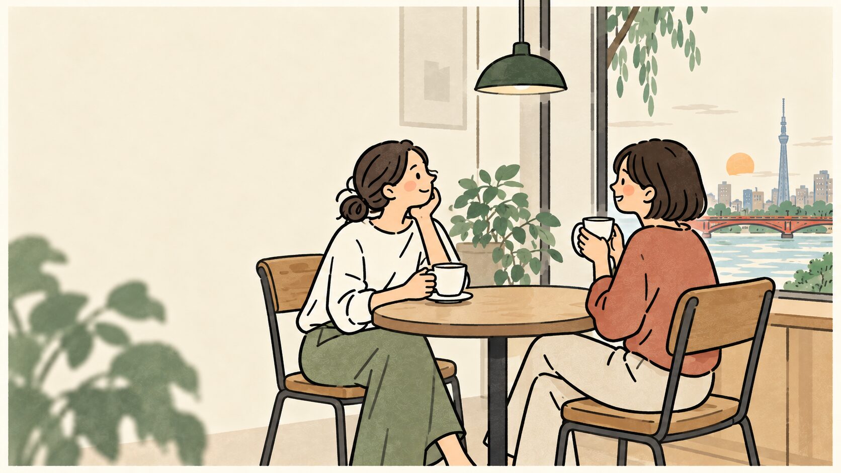 コーヒーを飲みながら会話を楽しむ休憩の情景イラスト