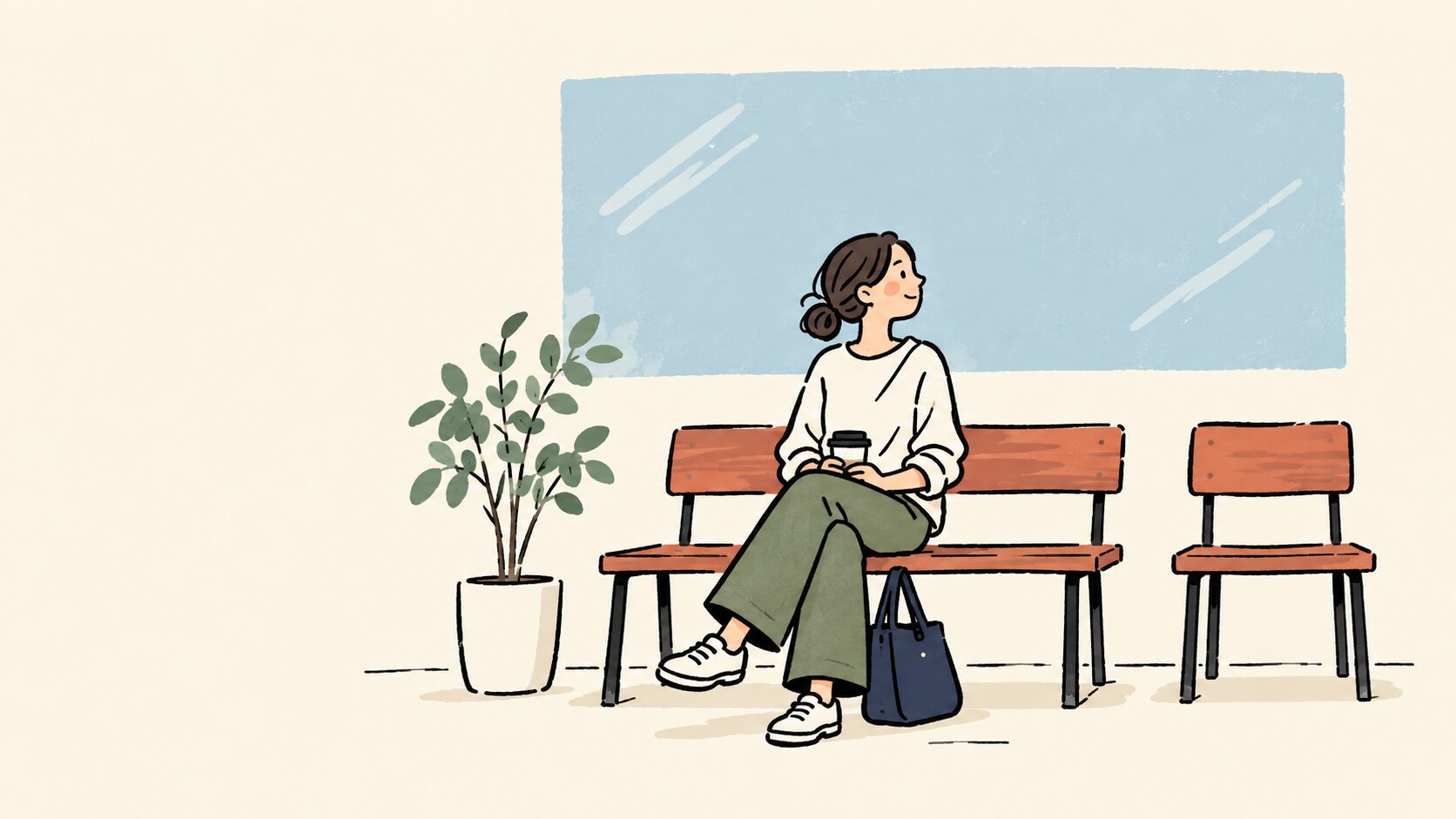 屋内で腰を下ろして街歩きの途中にひと息つく情景イラスト