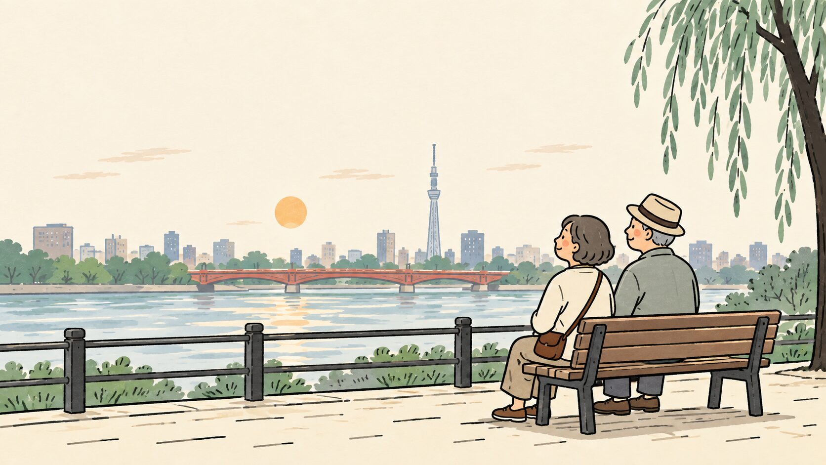 川と空を眺めながらベンチでひと休みする情景イラスト