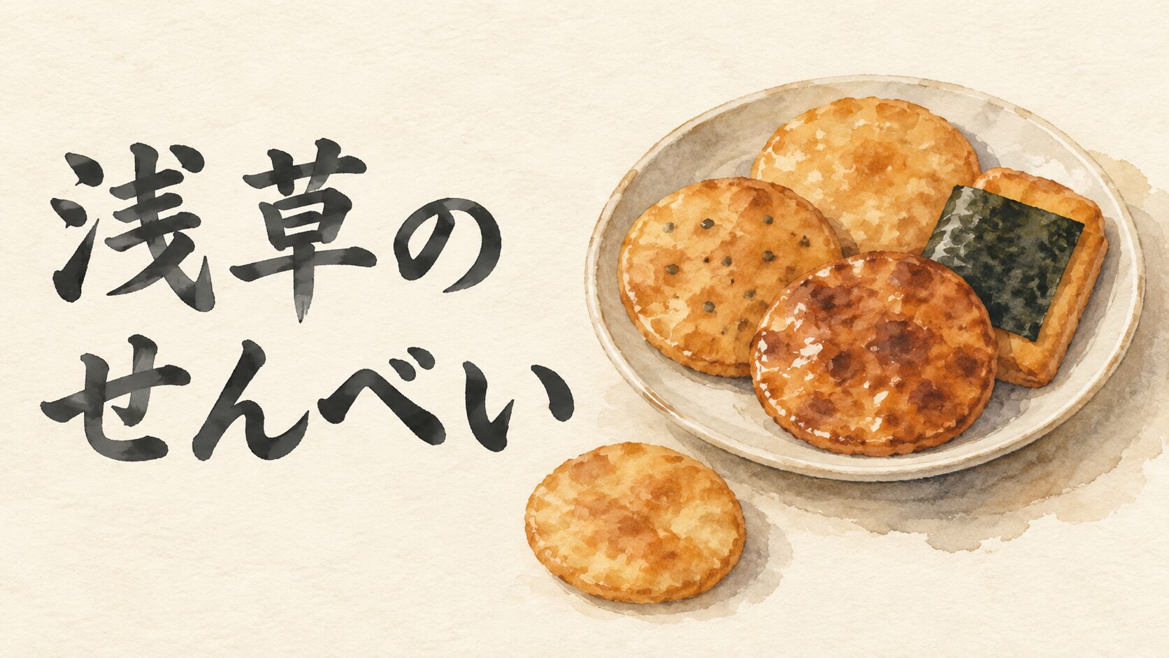 浅草のせんべいを描いた水彩イラスト