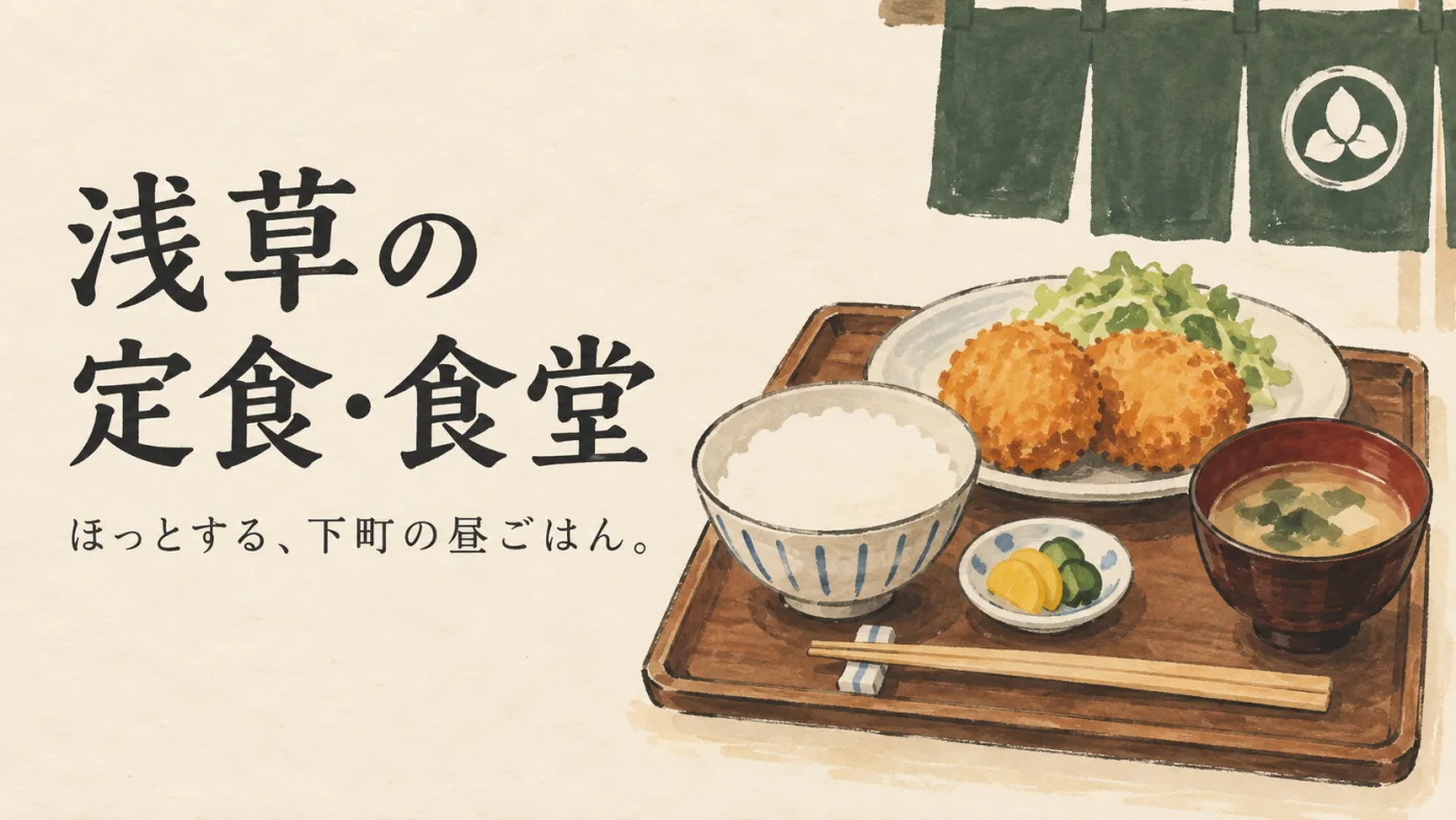 浅草の定食・食堂 — ご飯、味噌汁、コロッケの定食を描いたイラスト