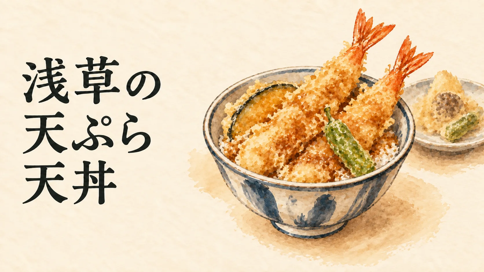 浅草の天ぷら・天丼を描いた水彩風イラスト