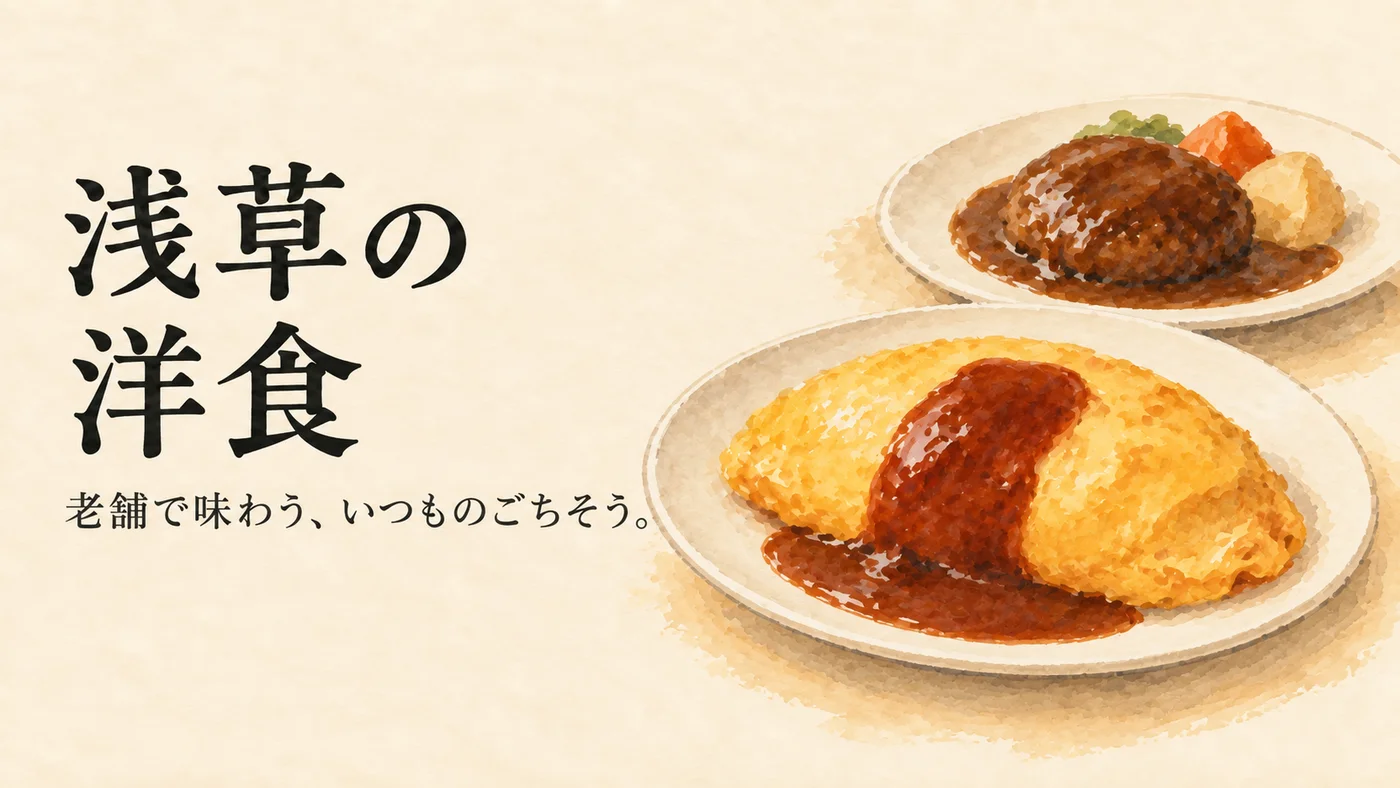 浅草の洋食をイメージしたオムライスとハンバーグのイラスト