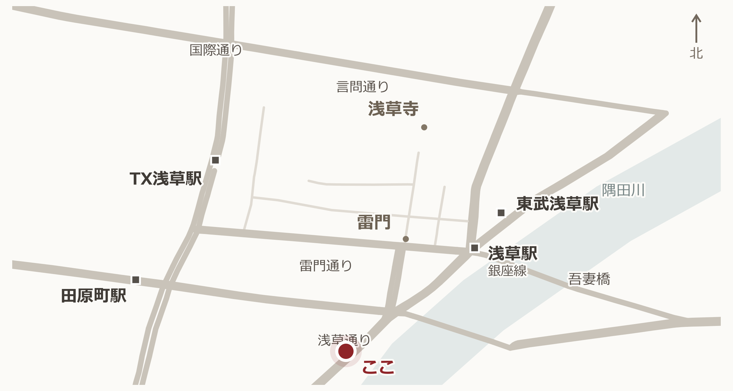 駒形どぜうと浅草の駅・主要道路の位置関係