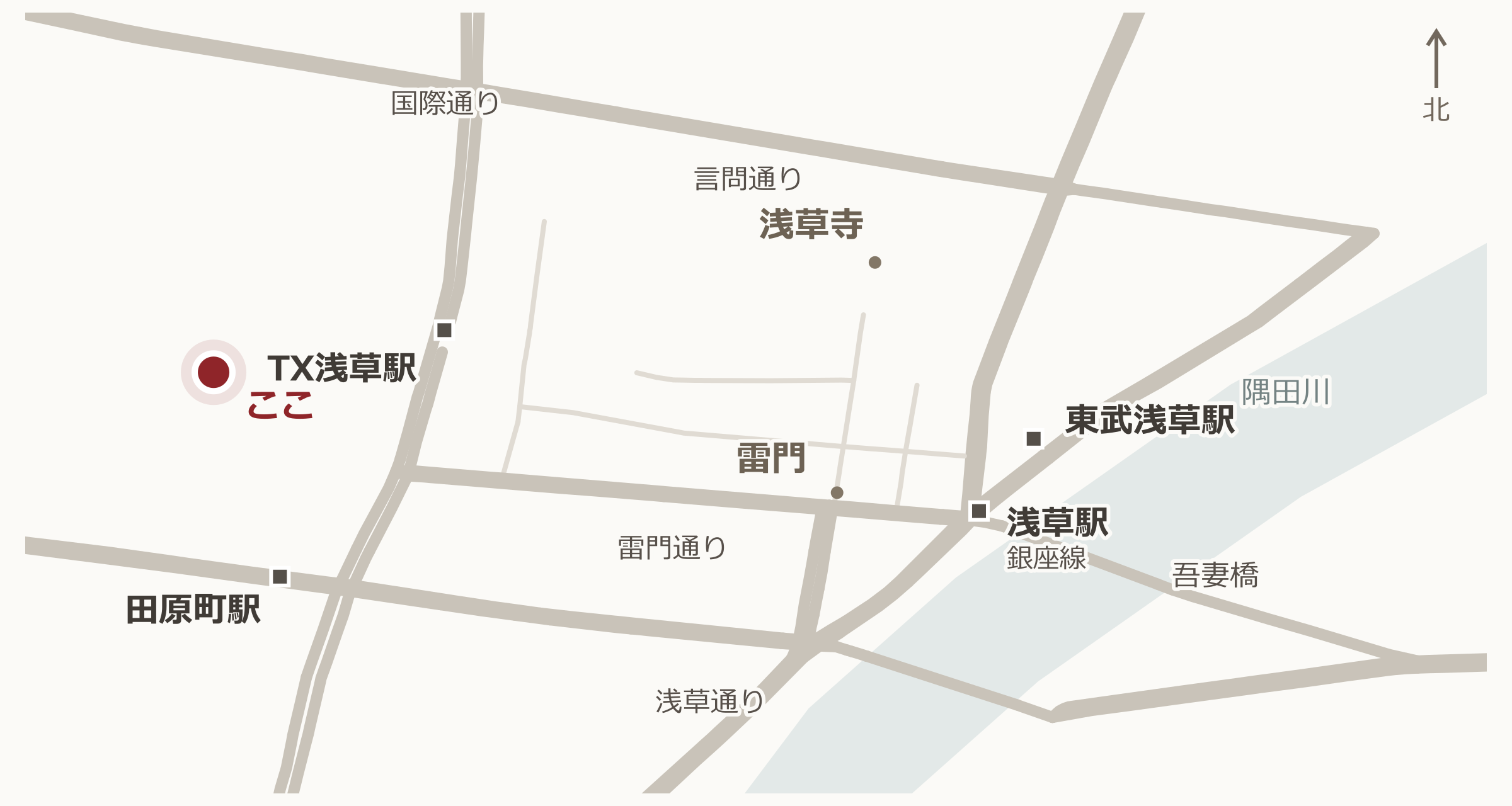 点心爛漫と浅草の駅・主要道路の位置関係