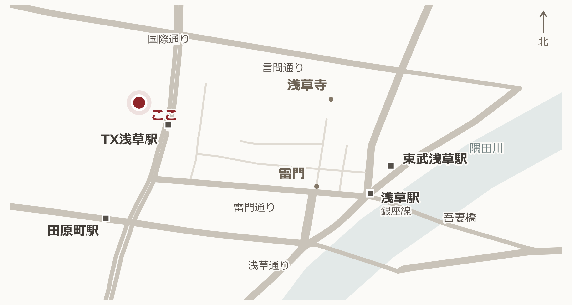 いい田と浅草の駅・主要道路の位置関係