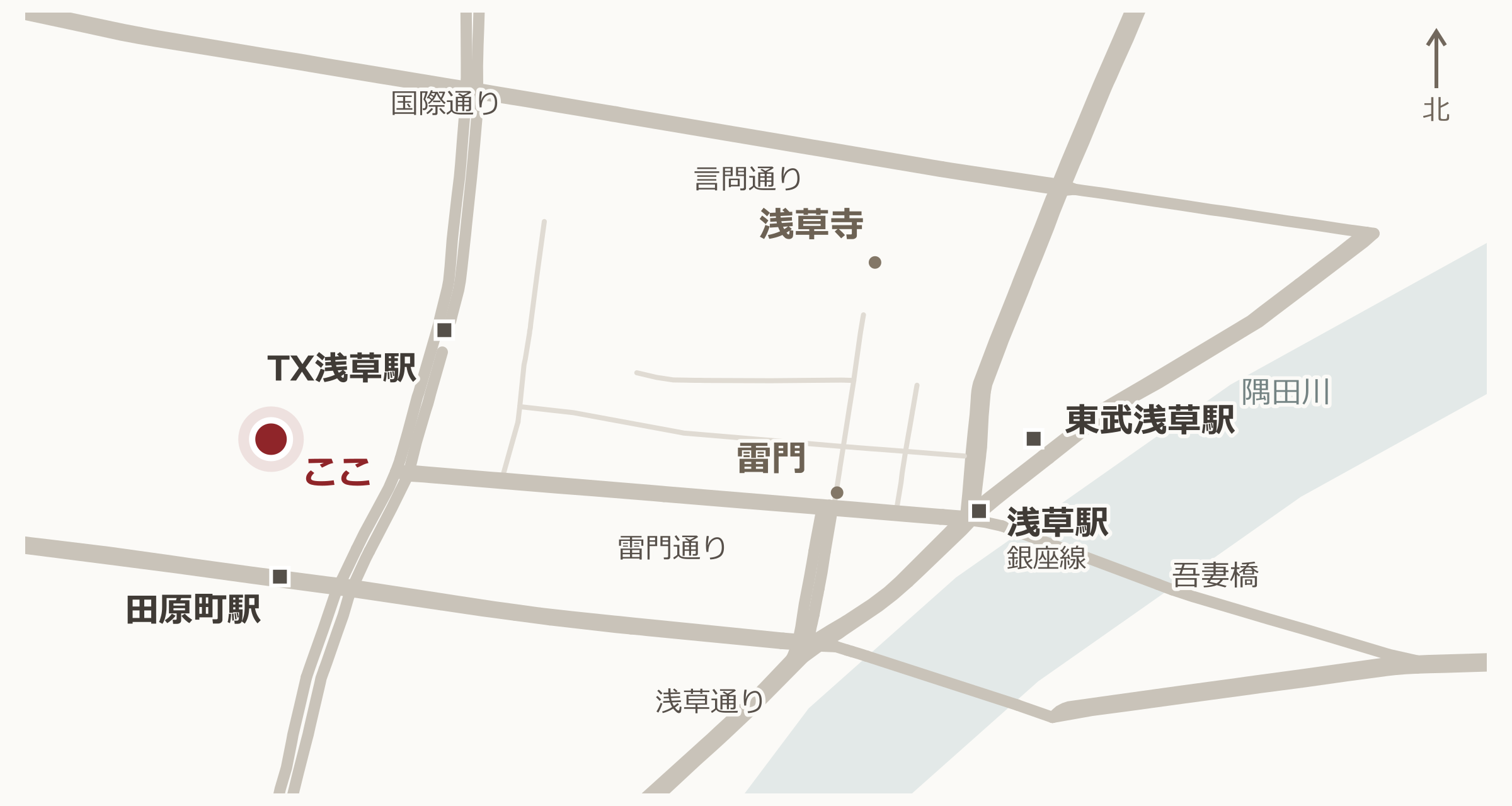 めん公望と浅草の駅・主要道路の位置関係