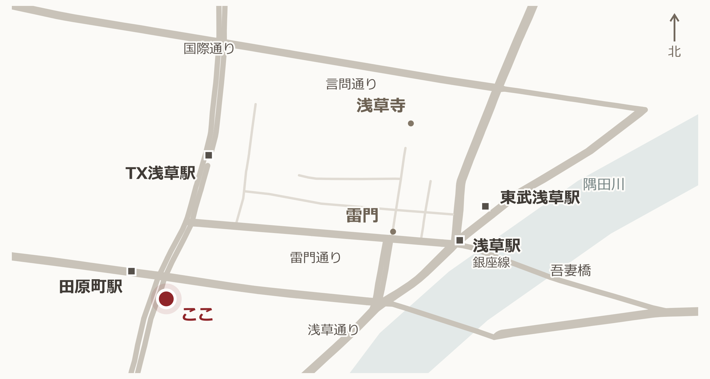 デンキヤホール浅草寿と浅草の駅・主要道路の位置関係