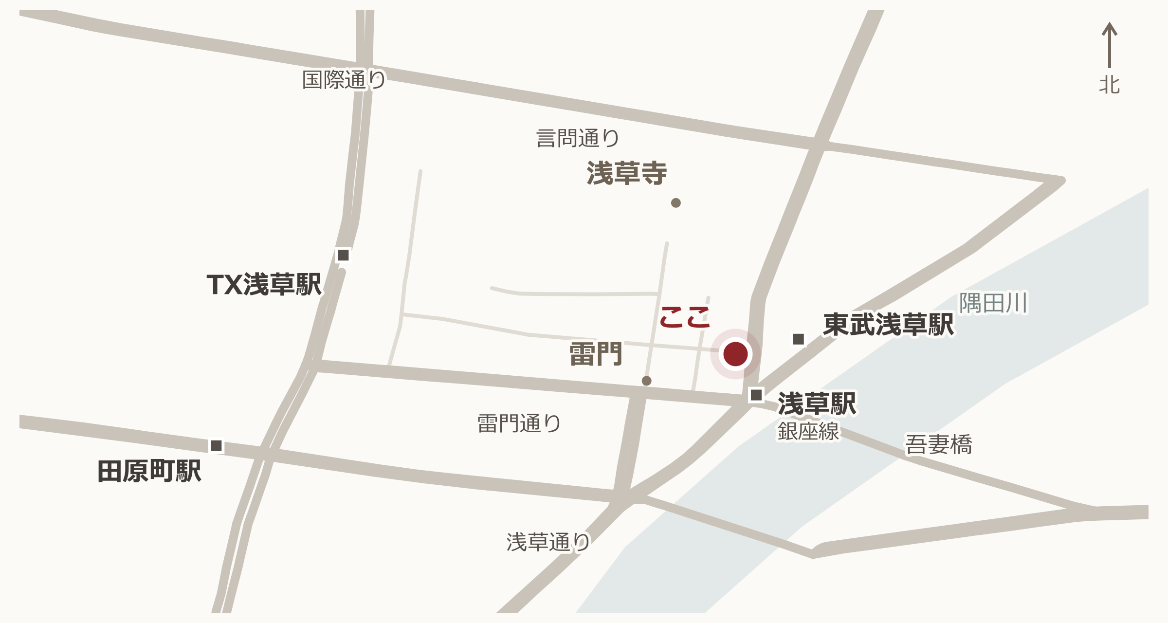 オーセンティックと浅草の駅・主要道路の位置関係