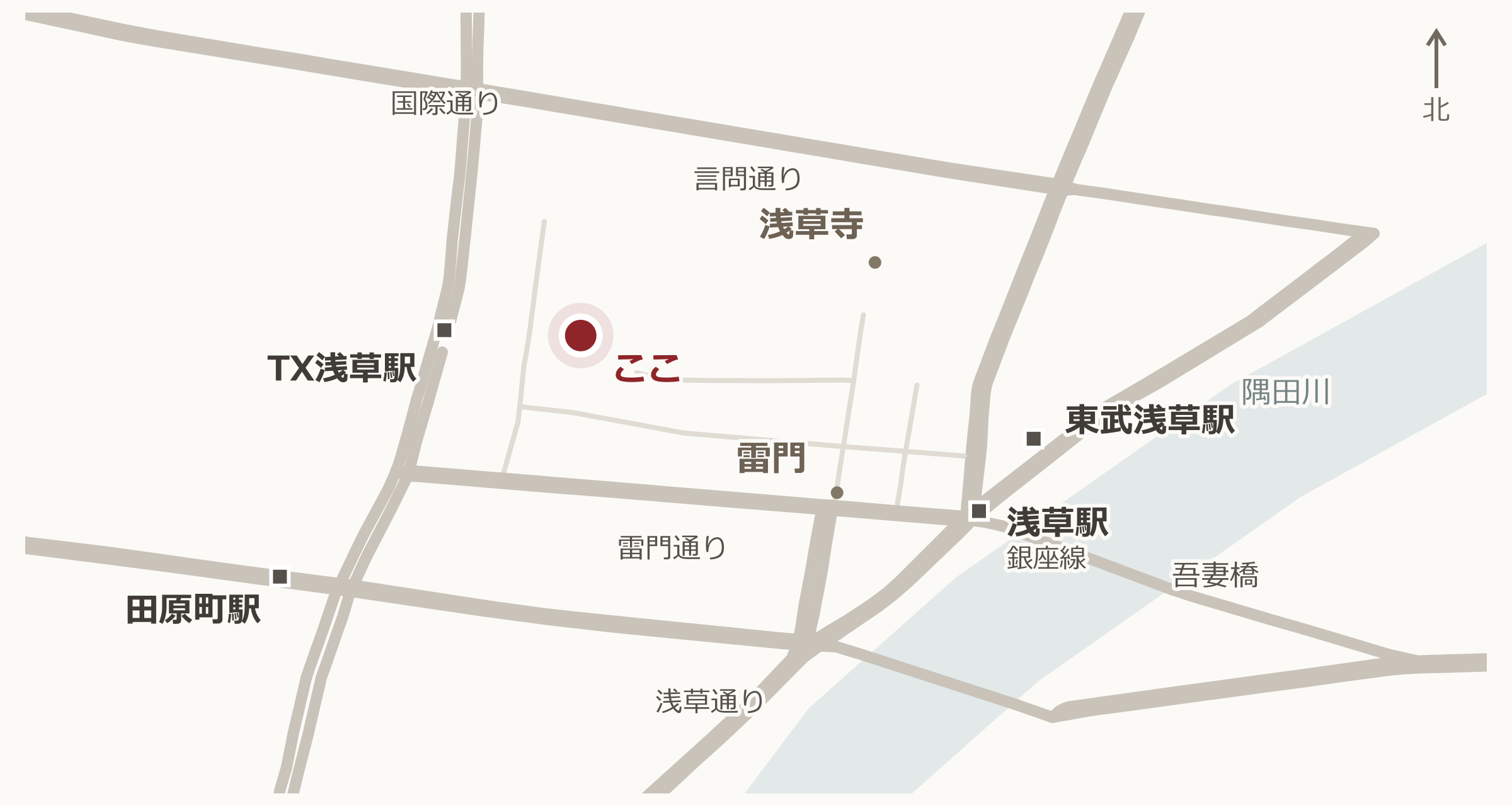 浅草水口食堂と浅草の駅・主要道路の位置関係