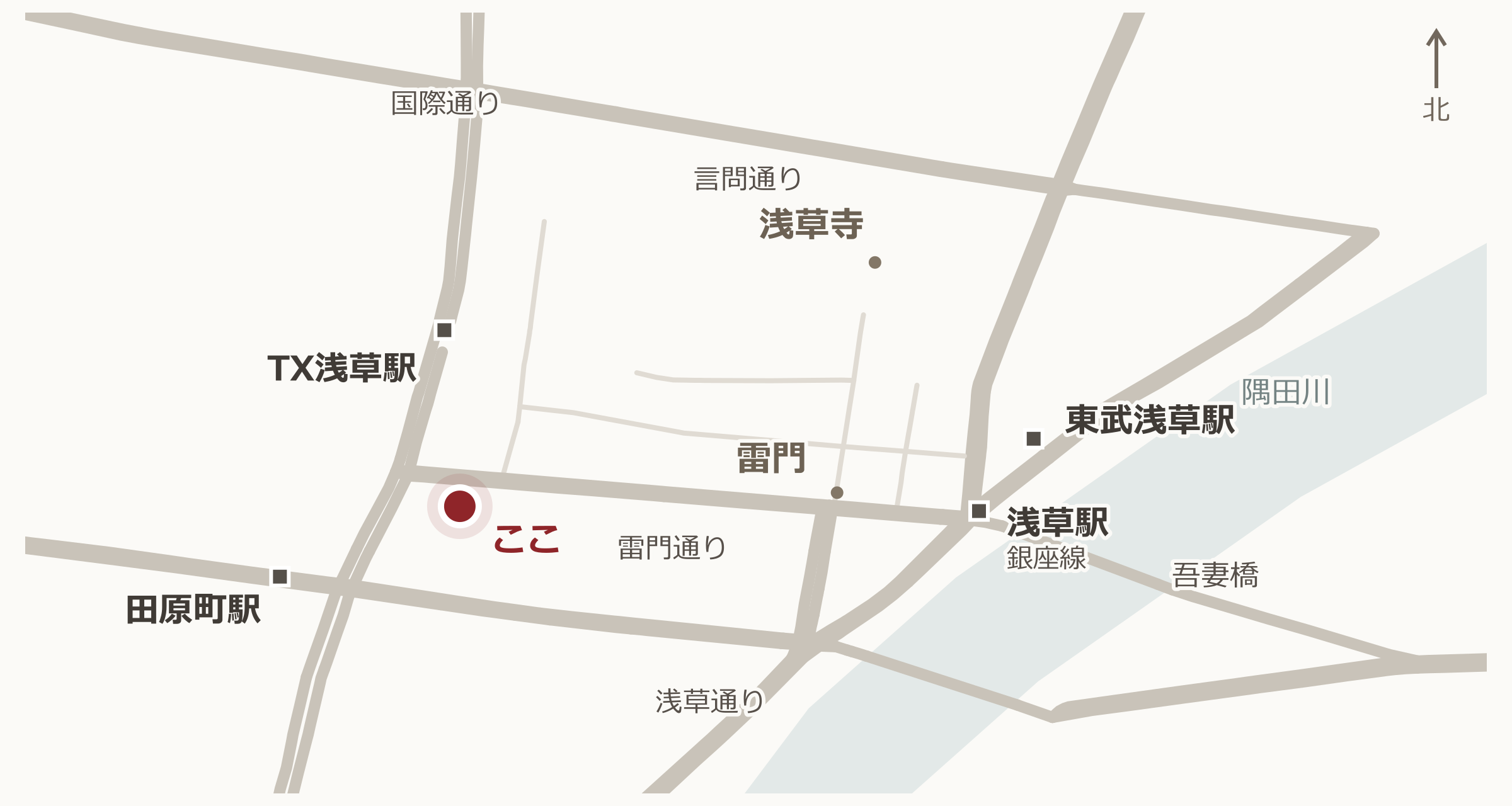 鳥越ずしと浅草の駅・主要道路の位置関係