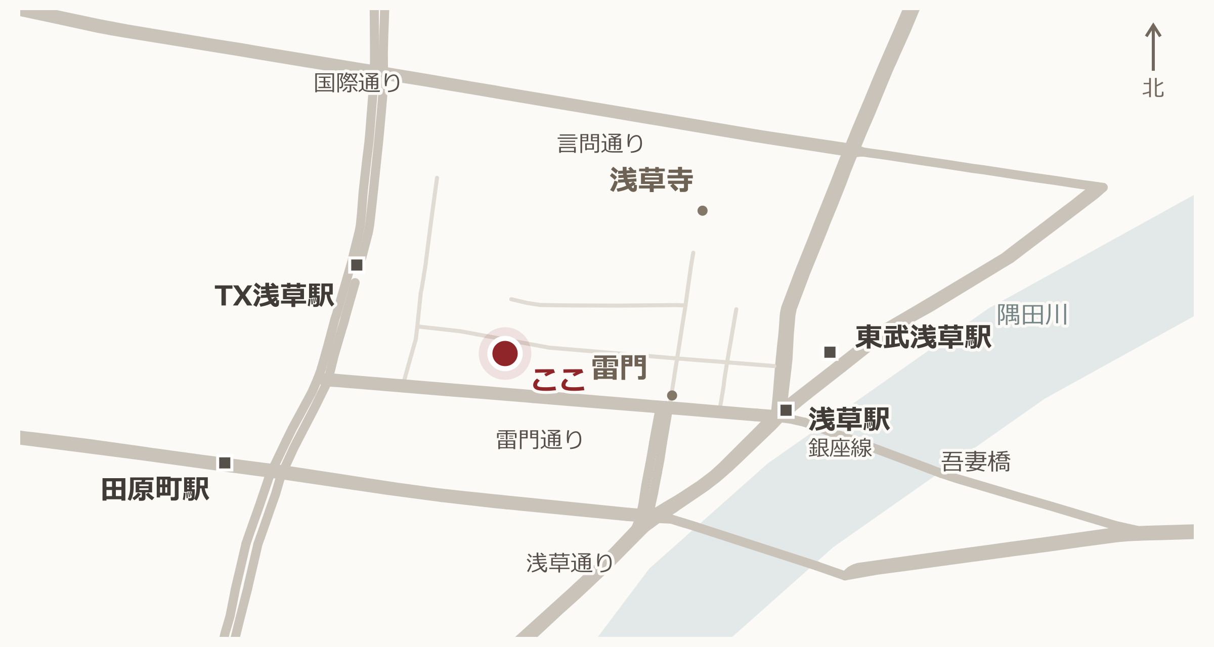 ぽんぽこと浅草の駅・主要道路の位置関係