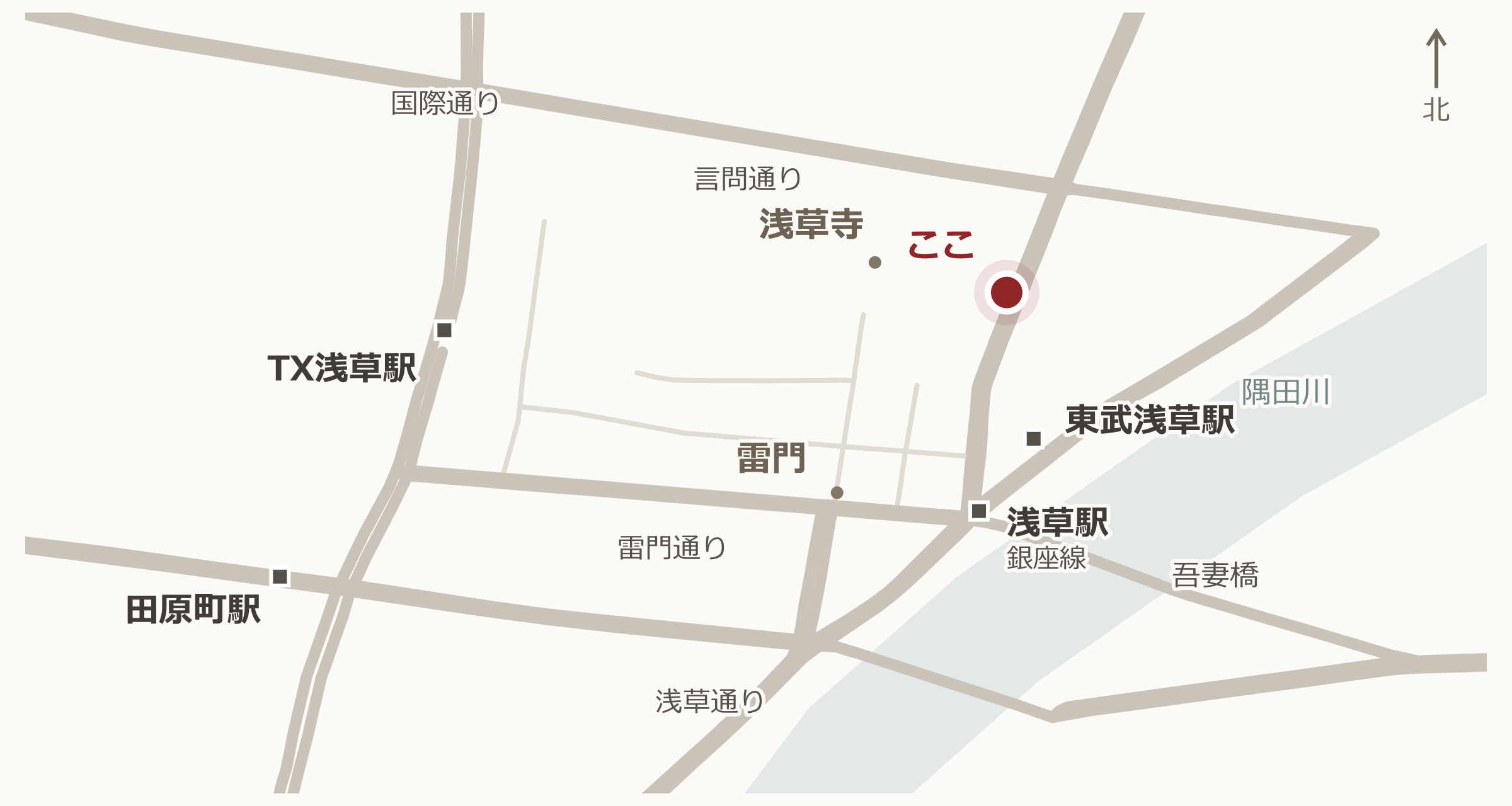 Artista（アルティスタ）と浅草の駅・主要道路の位置関係