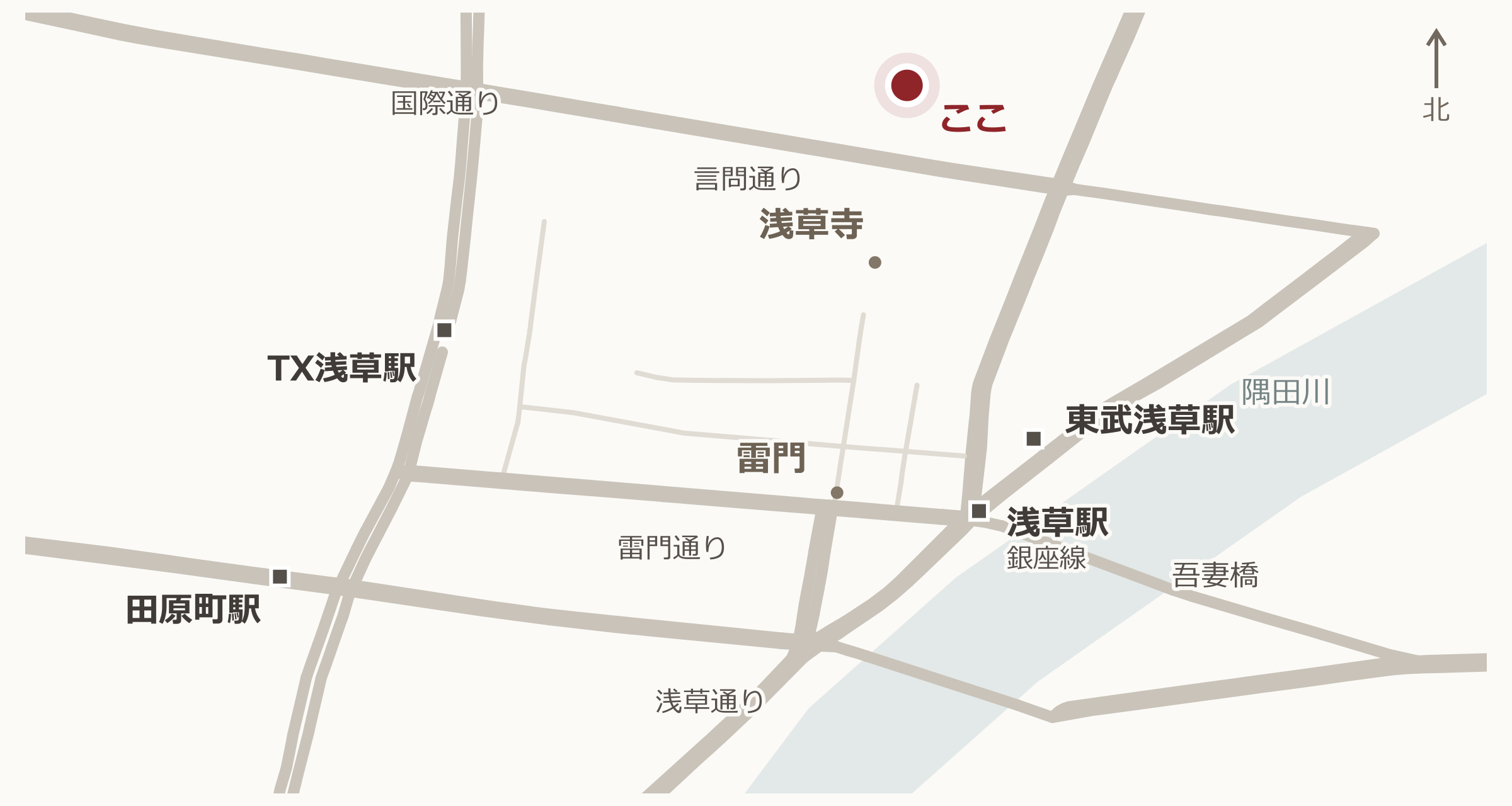 釜めしむつみと浅草の駅・主要道路の位置関係