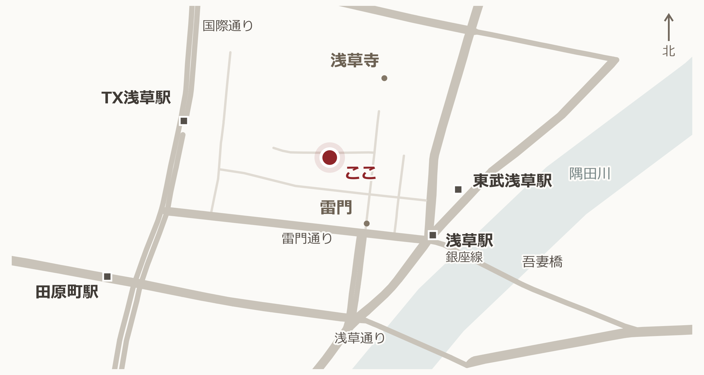 大黒家天麩羅 本店と浅草の駅・主要道路の位置関係