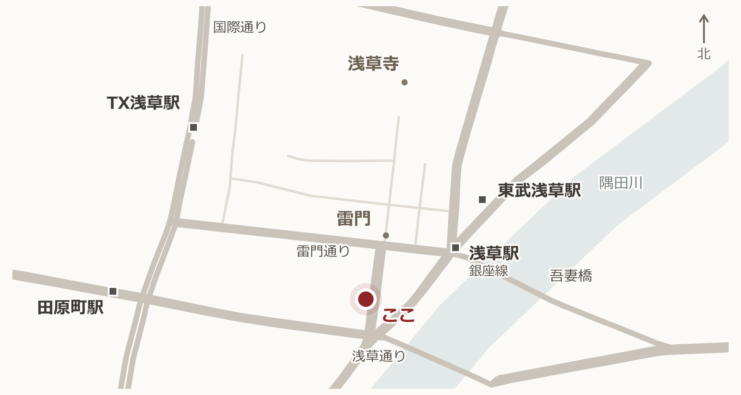 並木藪蕎麦と浅草の駅・主要道路の位置関係
