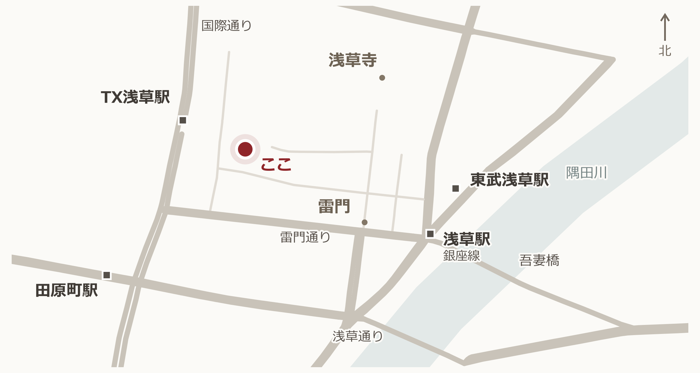 ヨシカミと浅草の駅・主要道路の位置関係