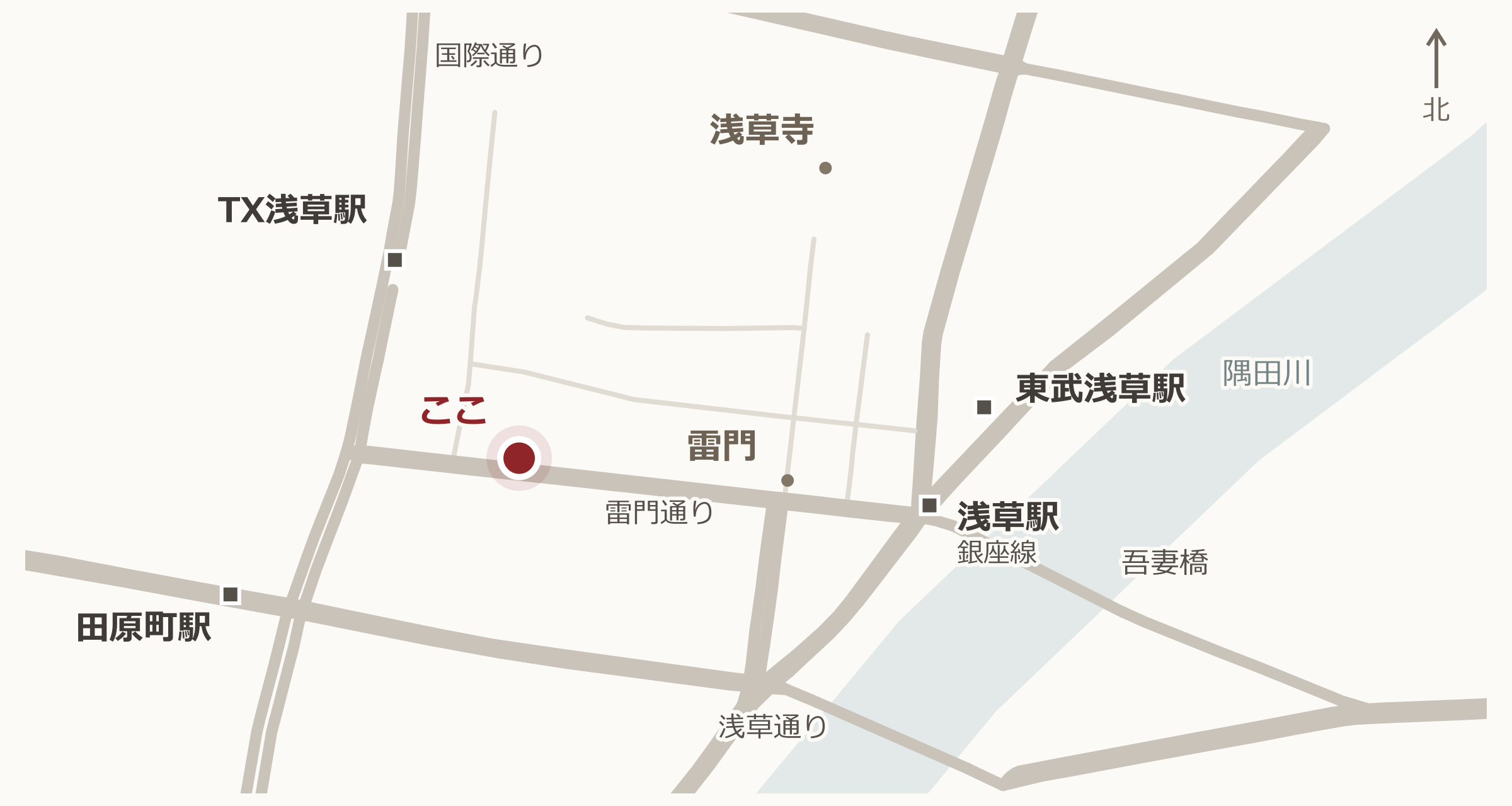 尾張屋と浅草の駅・主要道路の位置関係