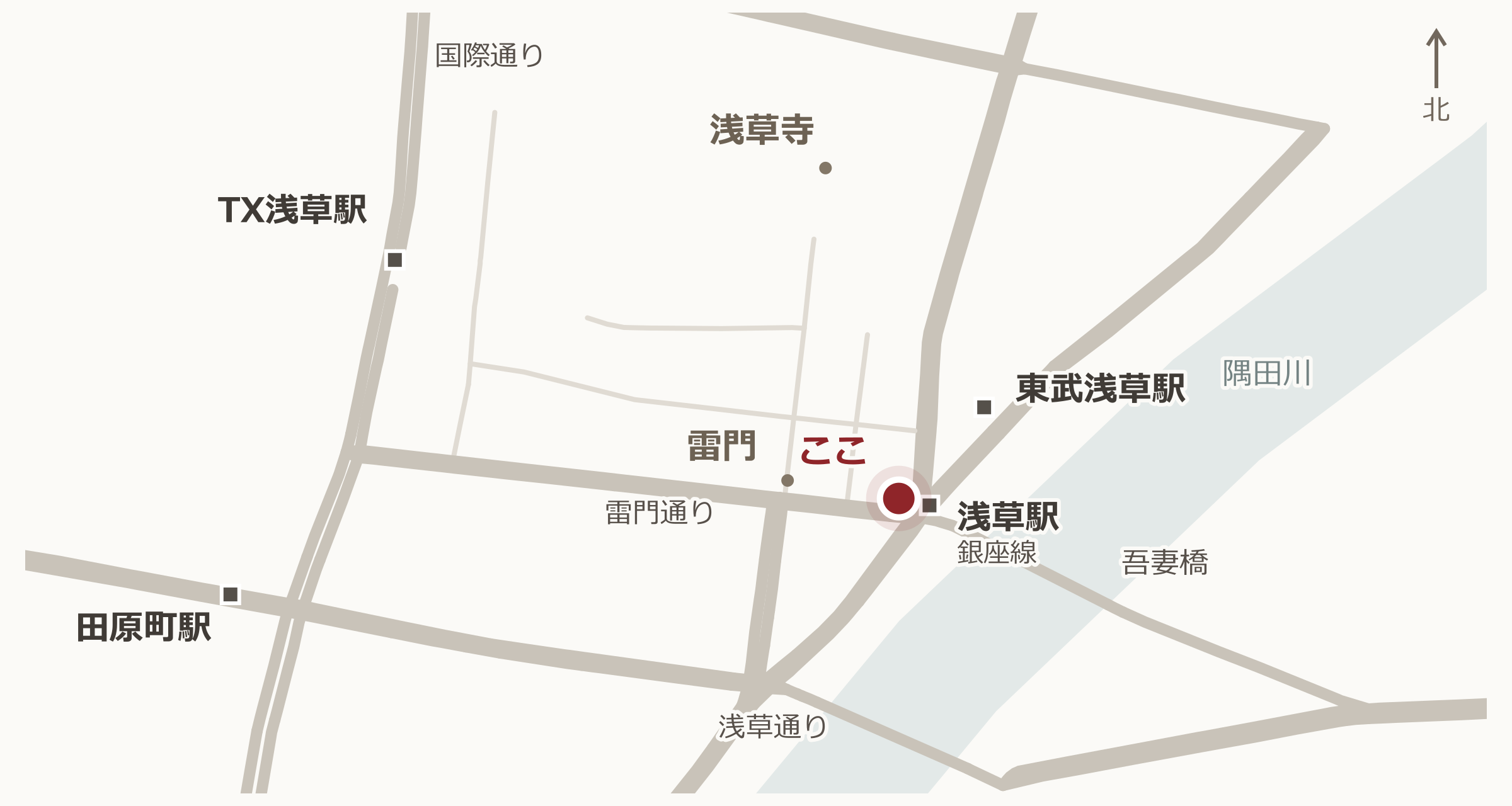 神谷バー（レストランカミヤ）と浅草の駅・主要道路の位置関係