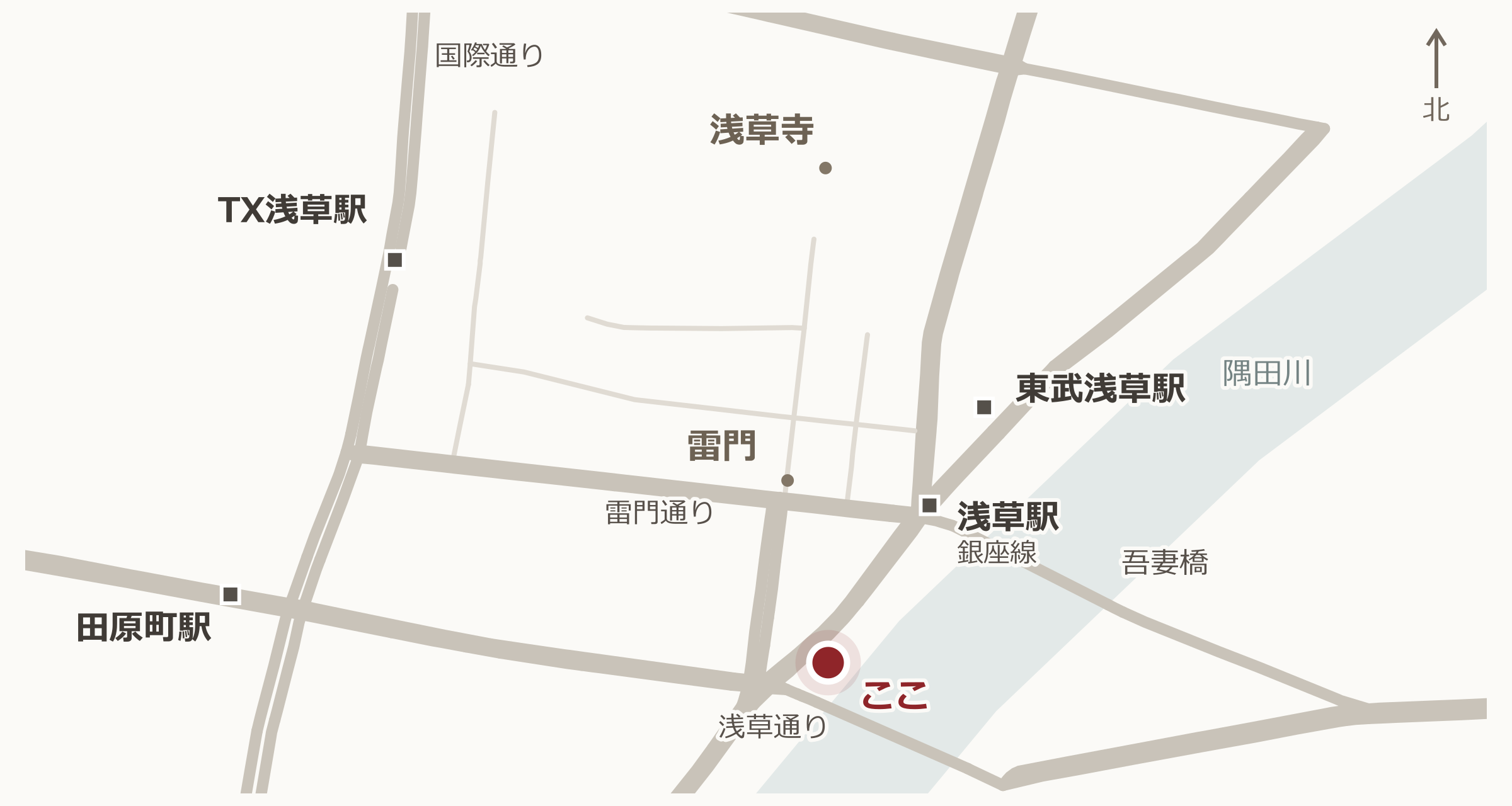 浅草むぎとろと浅草の駅・主要道路の位置関係