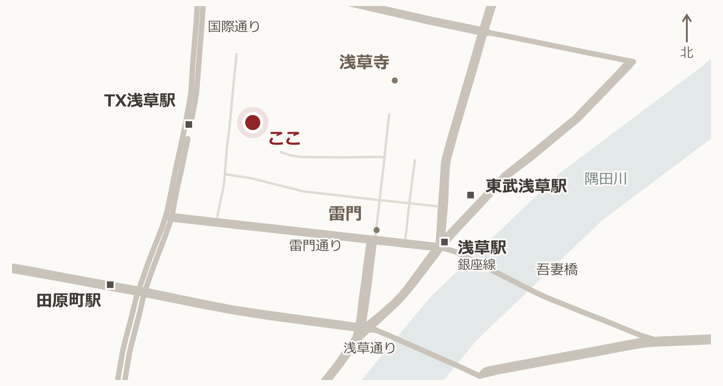 翁そばと浅草の駅・主要道路の位置関係