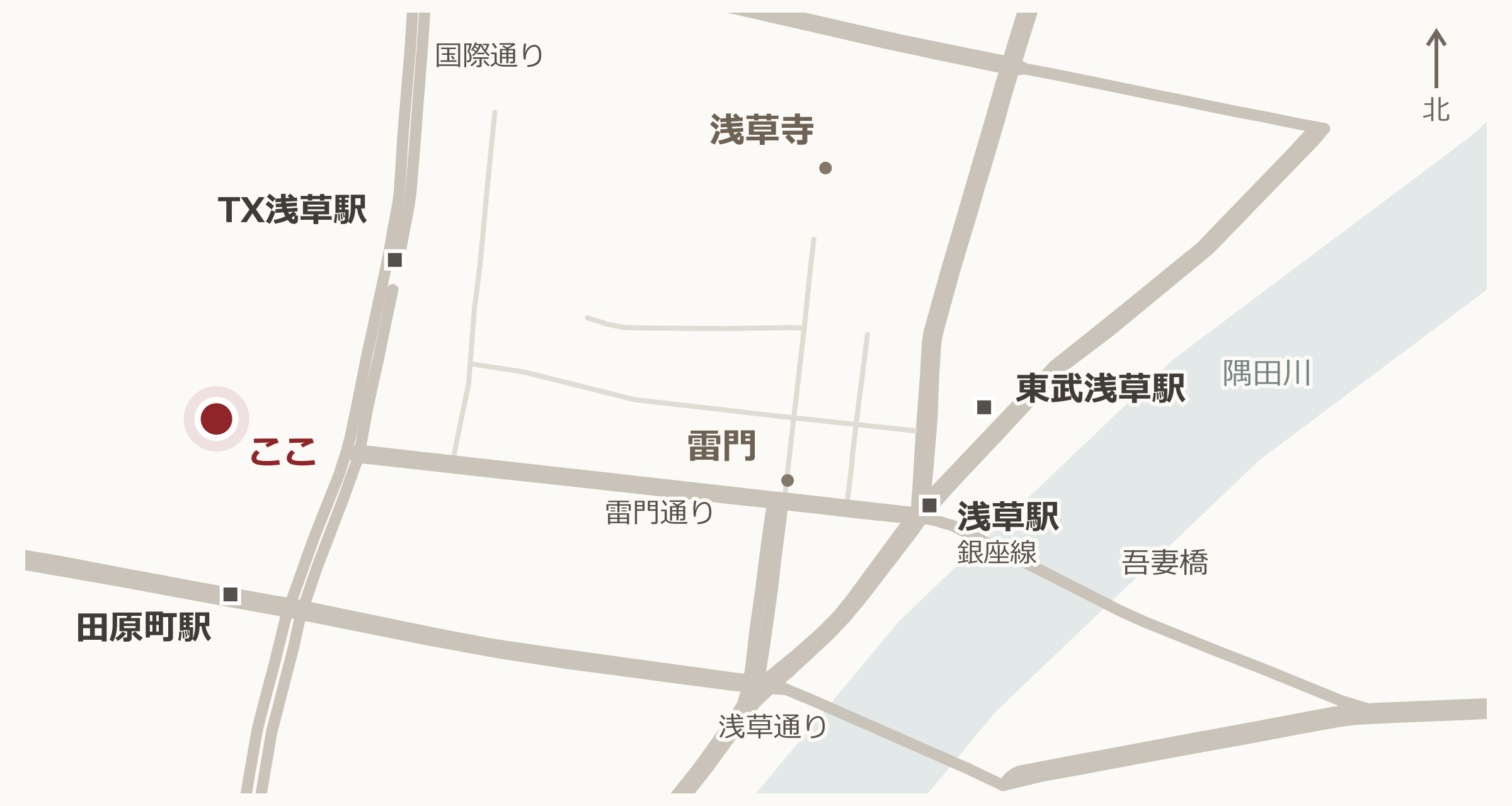 木道天国と浅草の駅・主要道路の位置関係