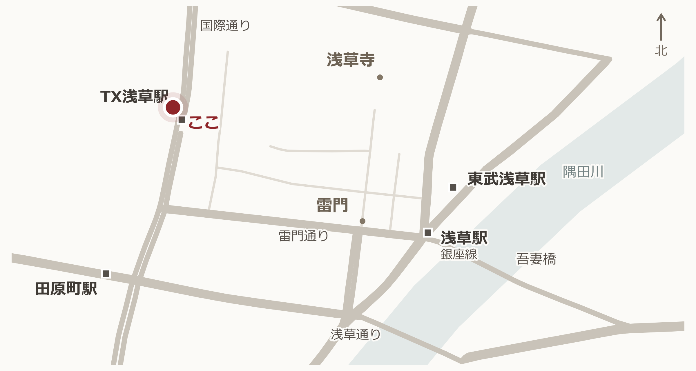 浅草今半国際通り本店と浅草の駅・主要道路の位置関係
