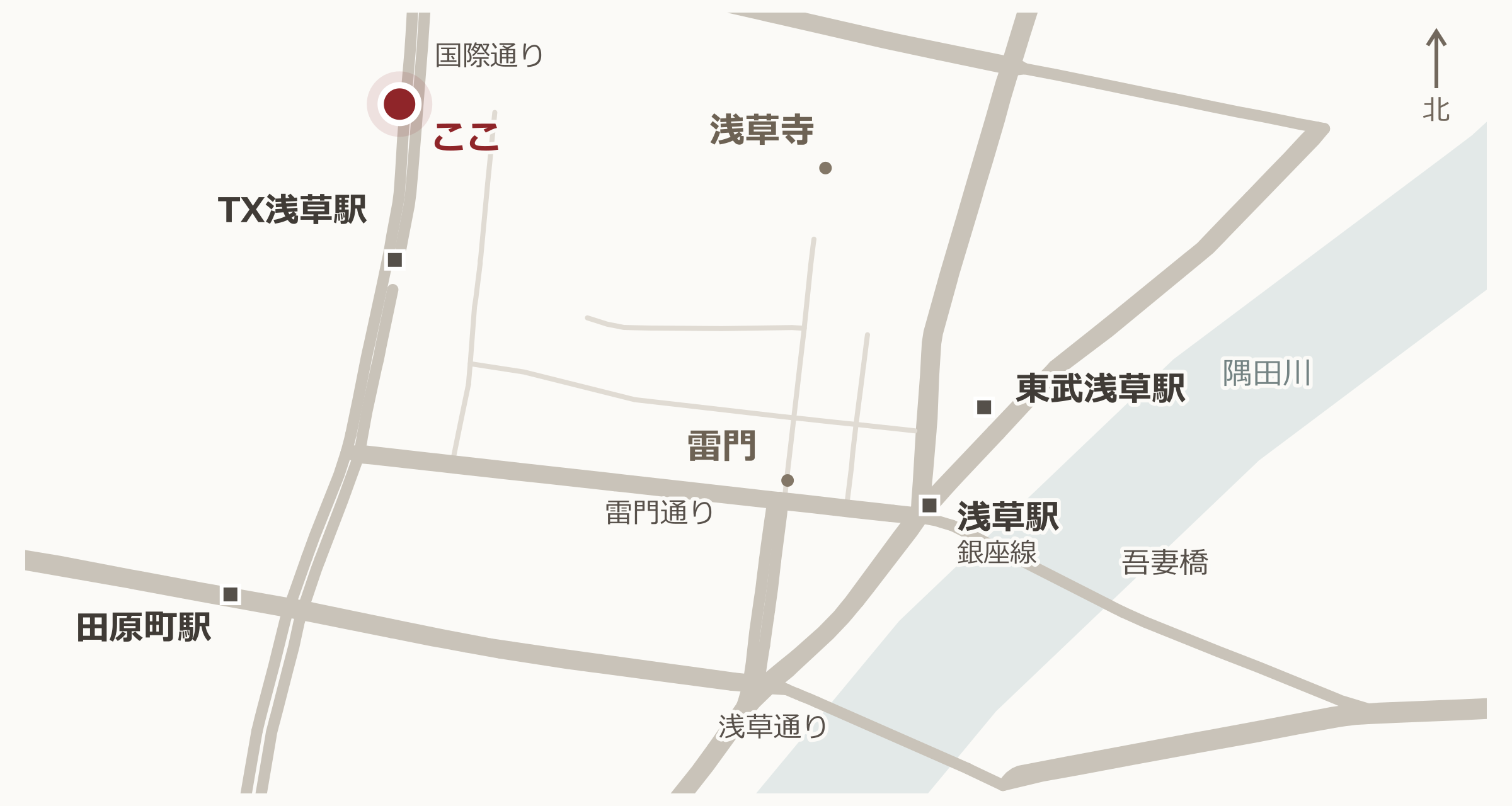武蔵と浅草の駅・主要道路の位置関係
