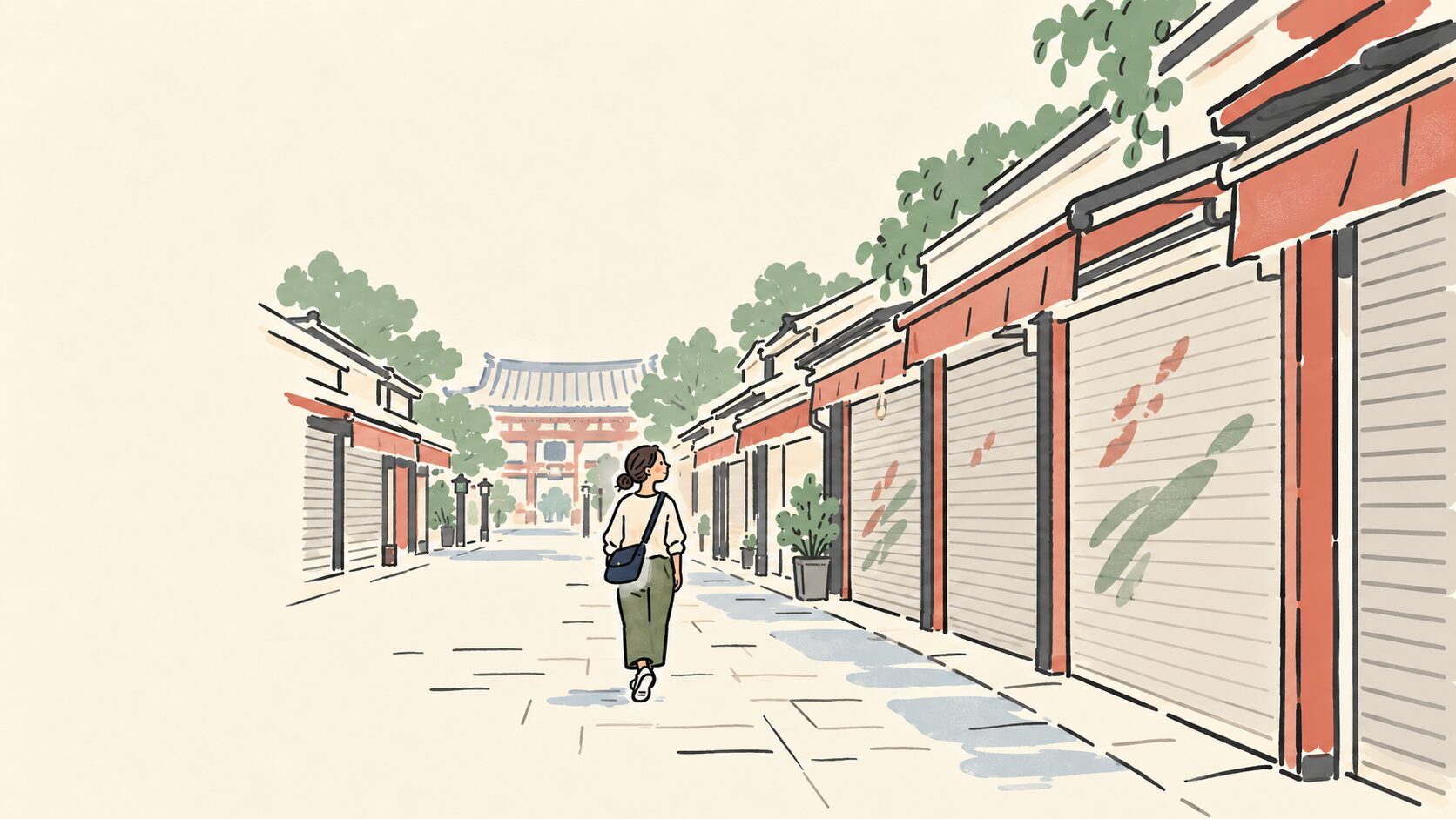 仲見世を朝に歩く情景イラスト
