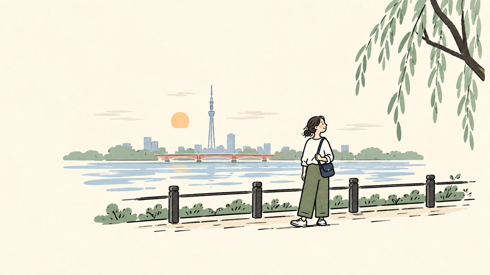 川辺で朝の散歩を楽しむ情景イラスト