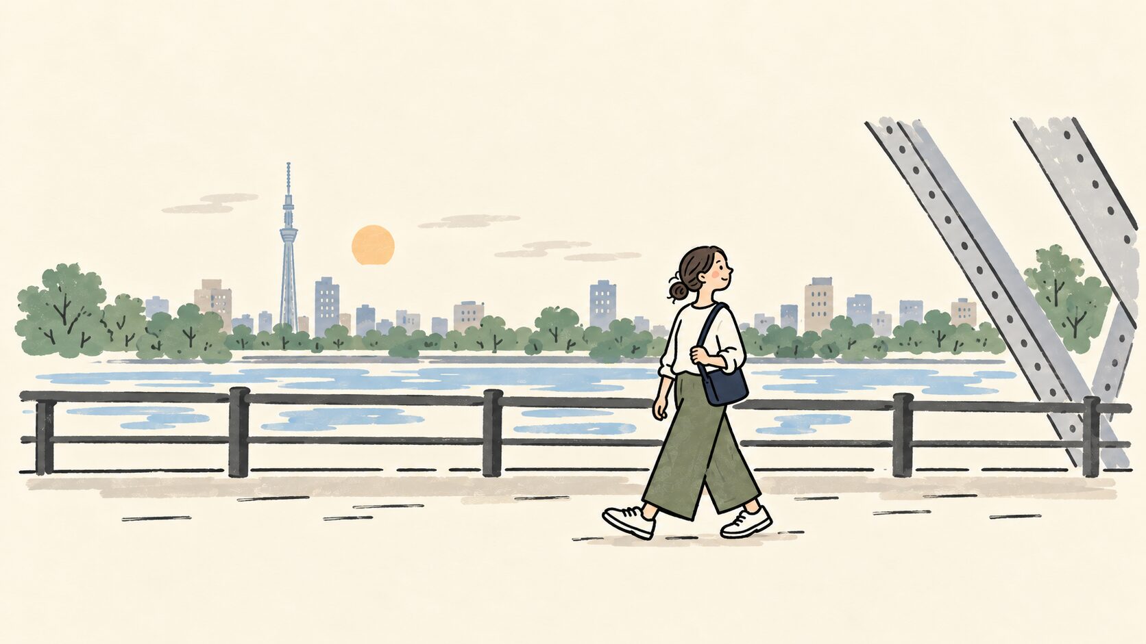 橋の歩道で朝の散歩を楽しむ情景イラスト