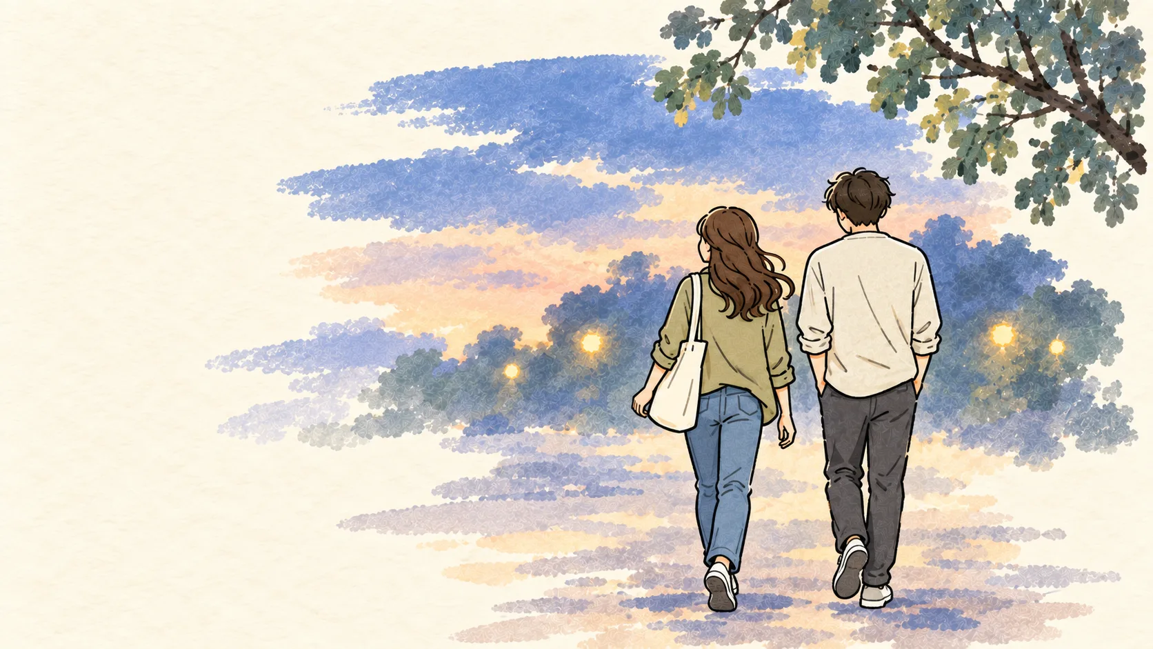 夕暮れにゆっくり散歩を楽しむ二人のイラスト