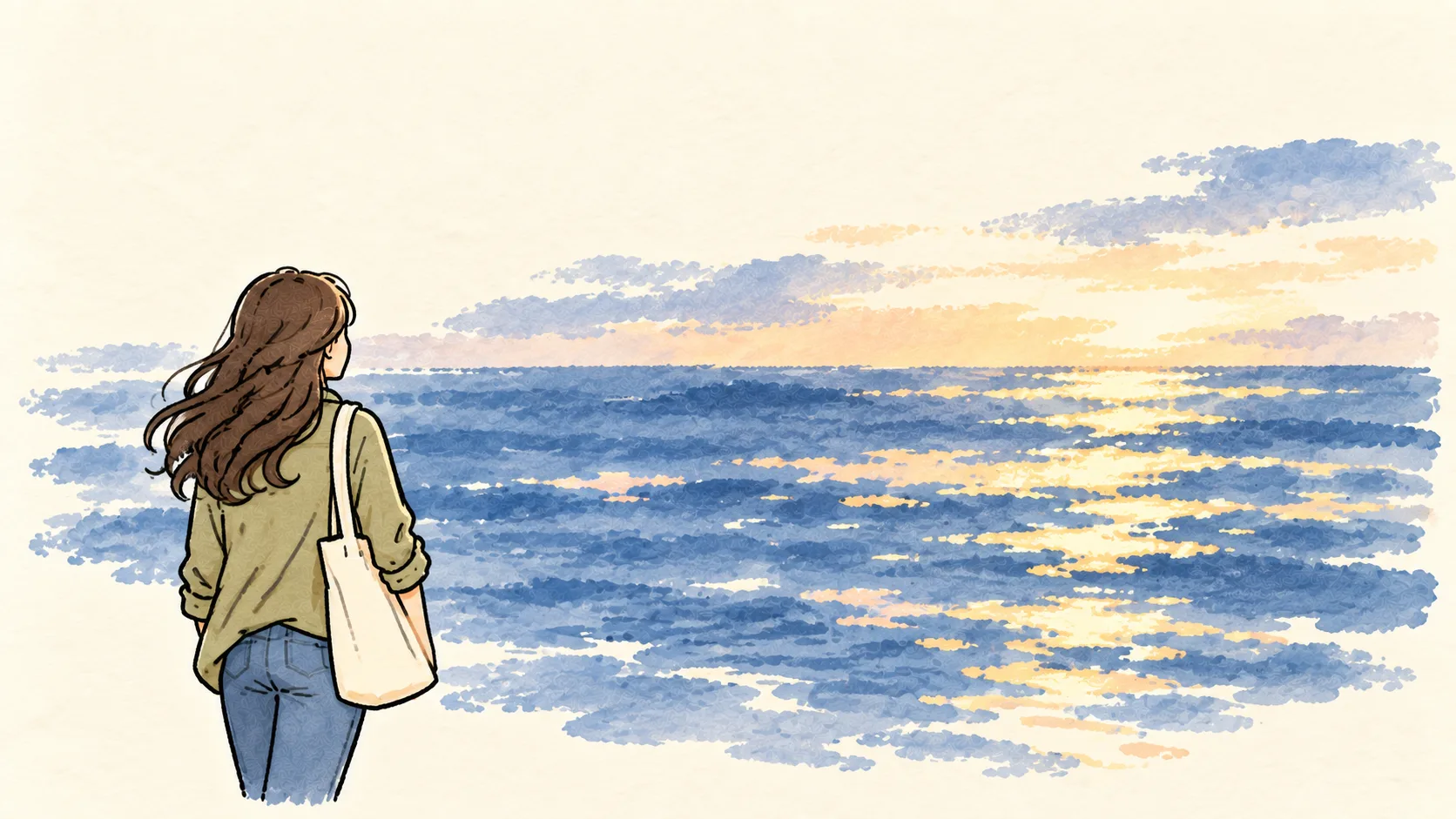 水面の光を眺めてひと息つく女性のイラスト