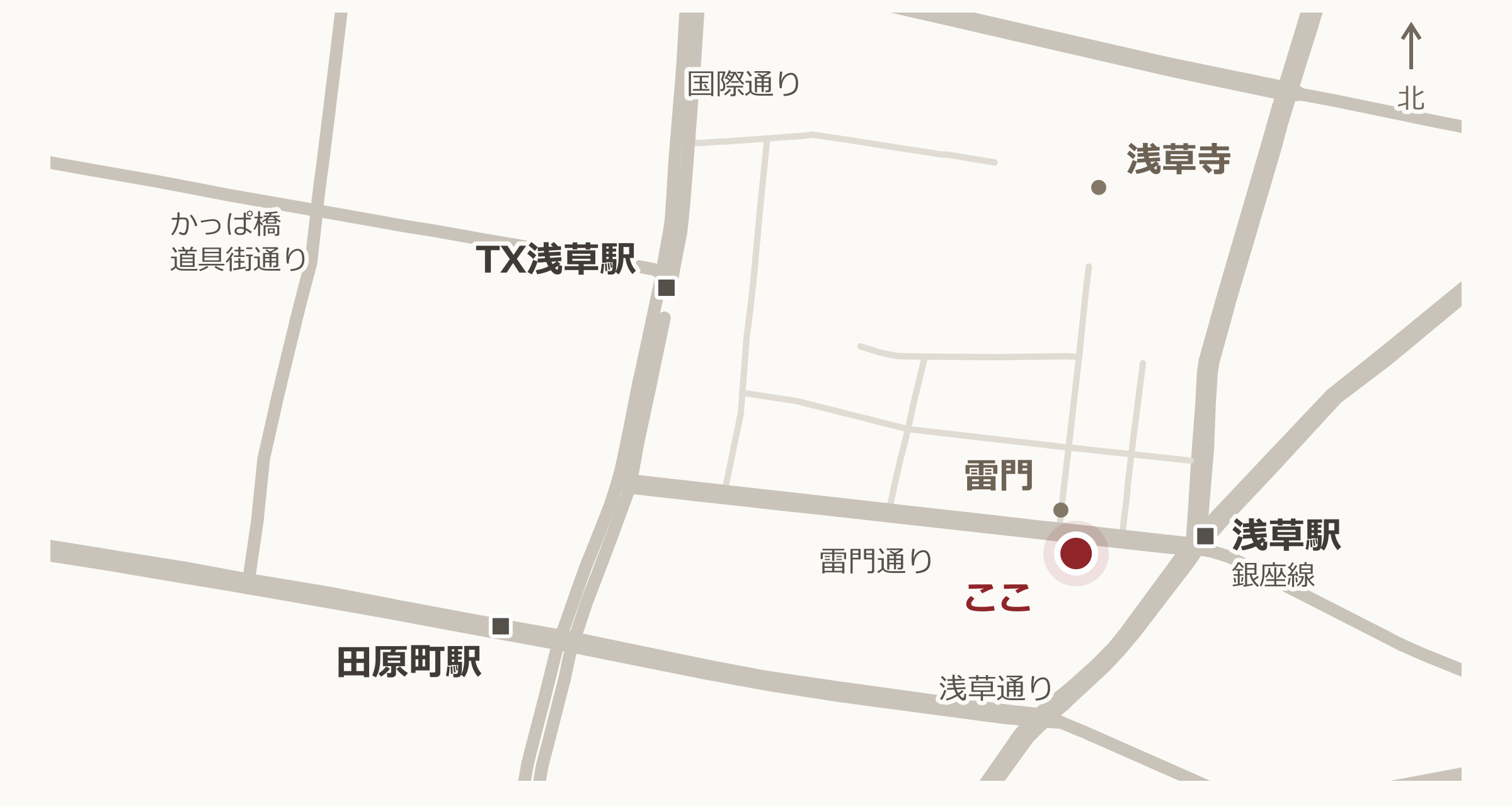 浅草文化観光センターの簡易マップ。主要道路・駅と目的地の位置関係