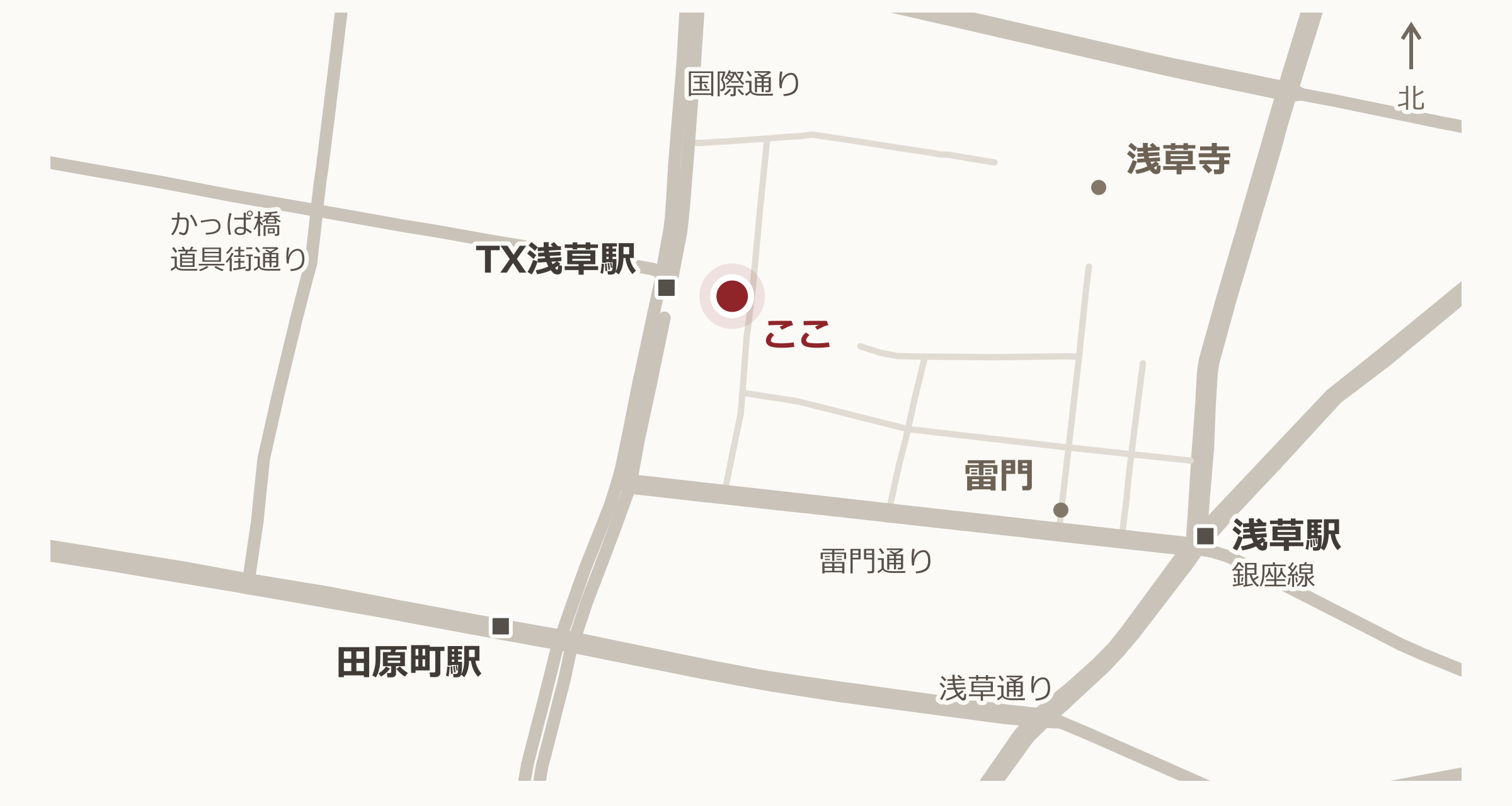 浅草演芸ホールの簡易マップ。主要道路・駅と目的地の位置関係