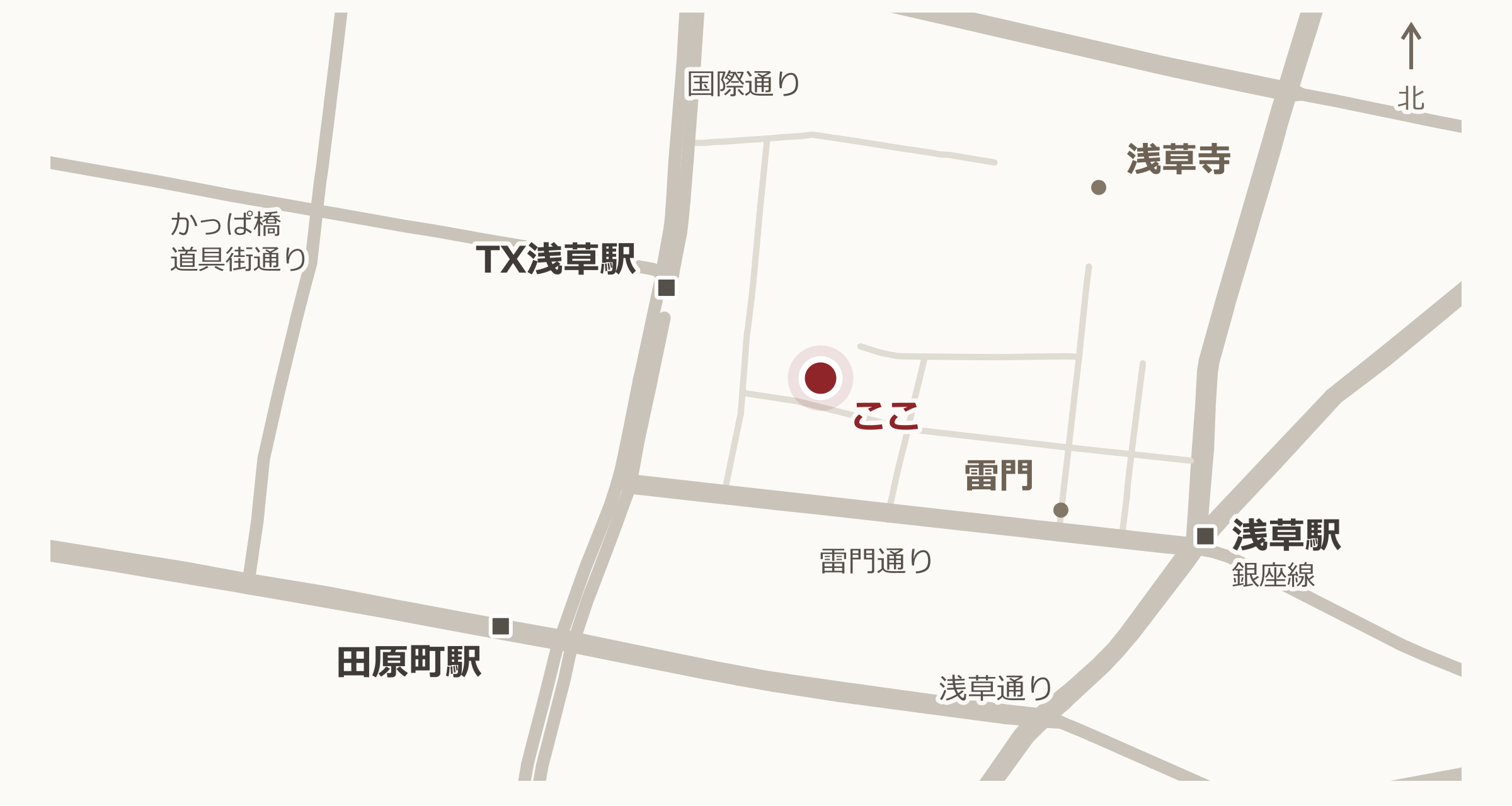 浅草バッティングスタジアムの簡易マップ。主要道路・駅と目的地の位置関係