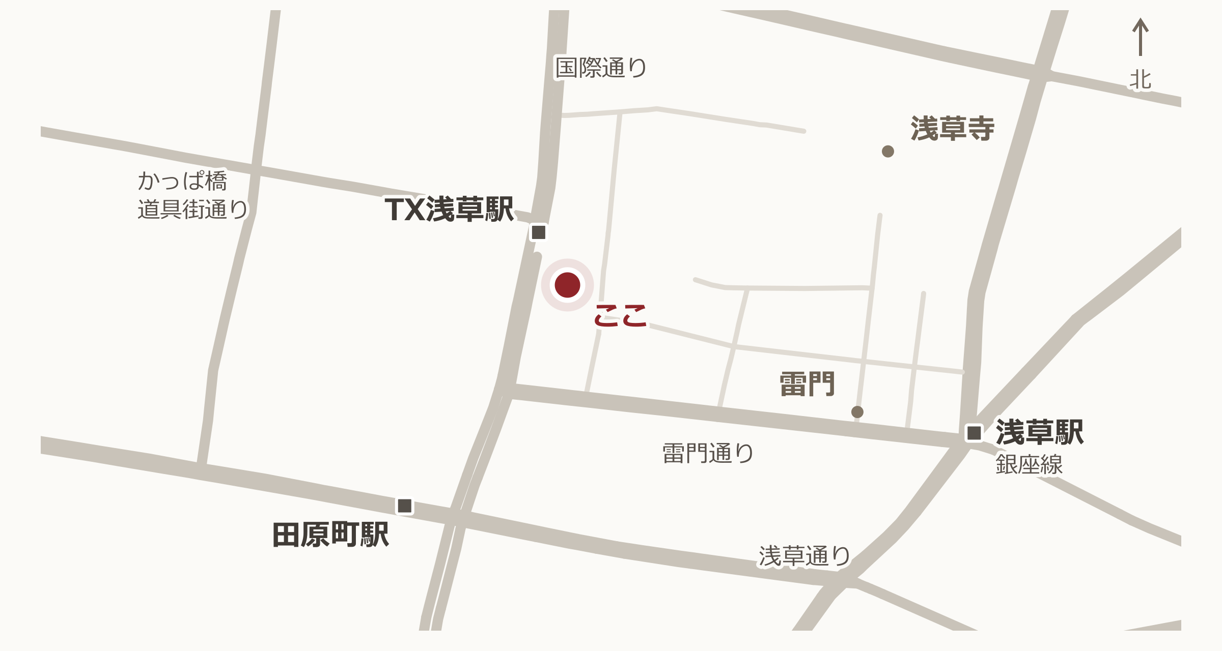 浅草ROX まつり湯の簡易マップ。主要道路・駅と目的地の位置関係