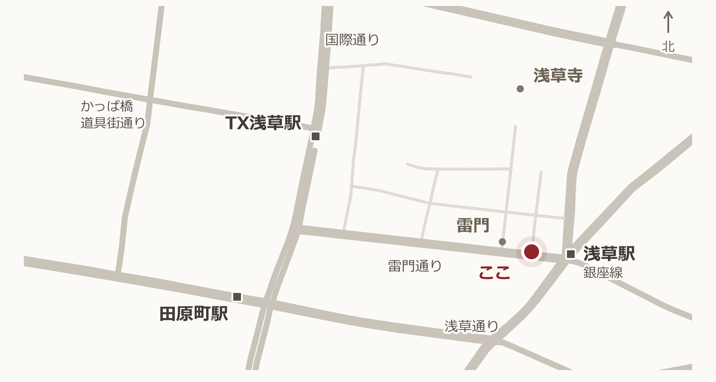 えびす屋 雷門前人力車乗り場の簡易マップ。主要道路・駅と目的地の位置関係
