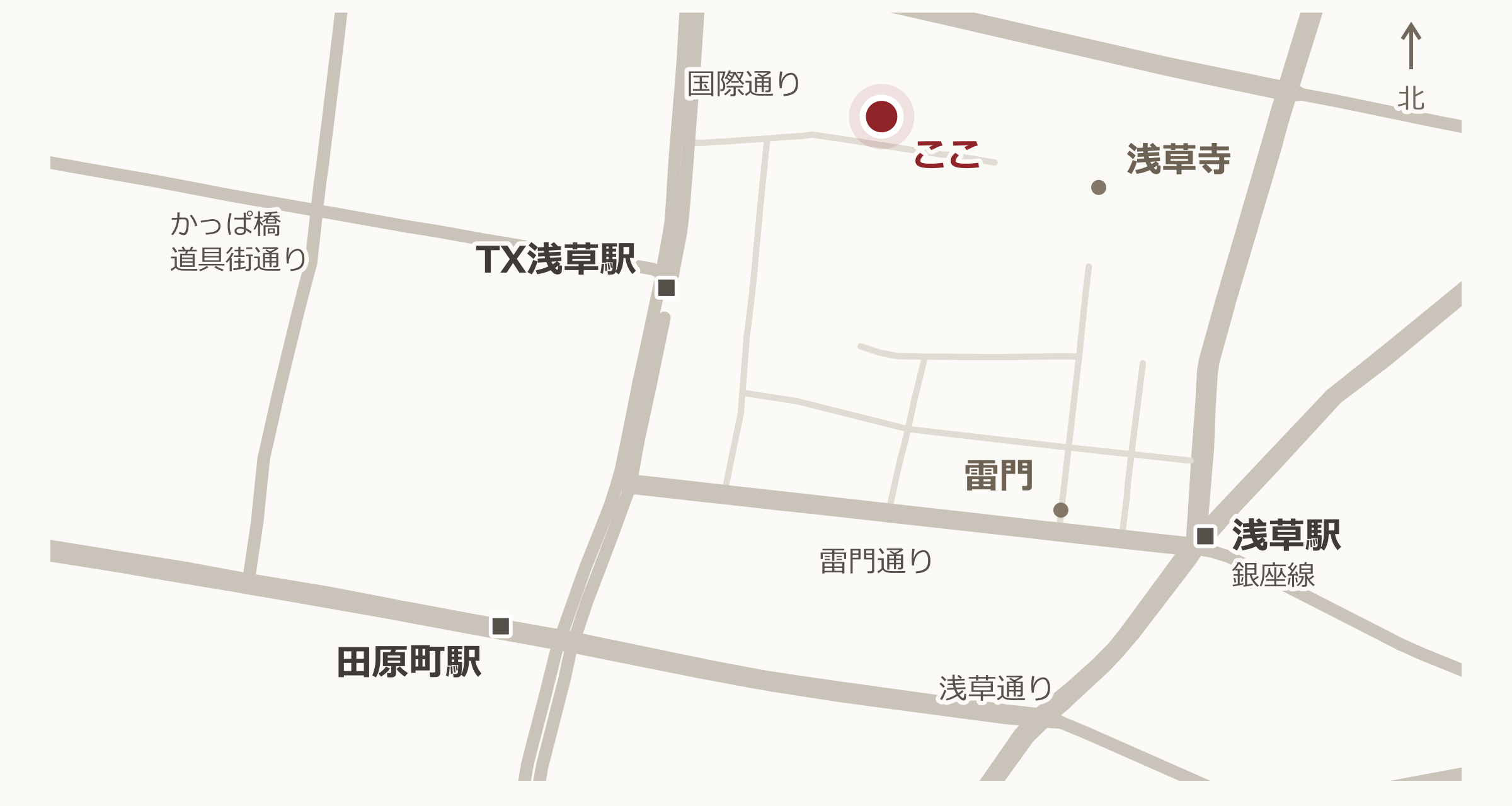 浅草花やしきの簡易マップ。主要道路・駅と目的地の位置関係