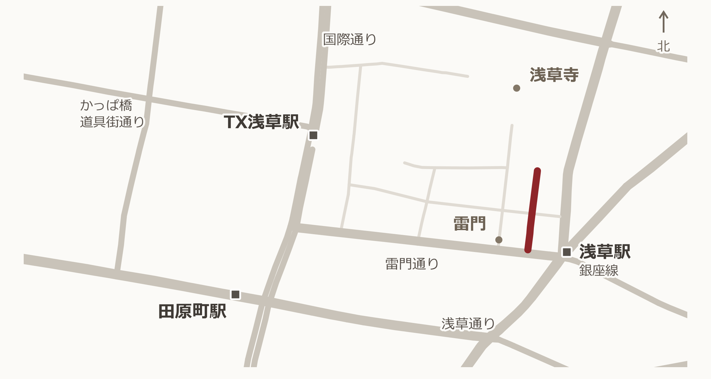 浅草観音通り商店街の簡易マップ。主要道路・駅と目的地の位置関係