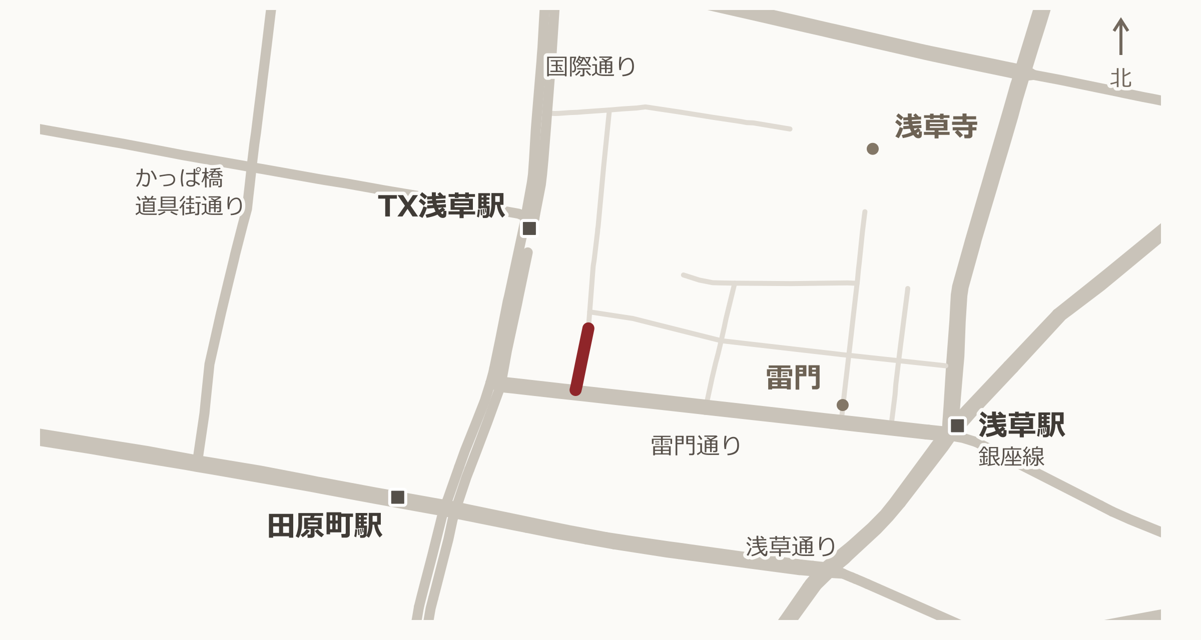 浅草すしや通りの簡易マップ。主要道路・駅と目的地の位置関係