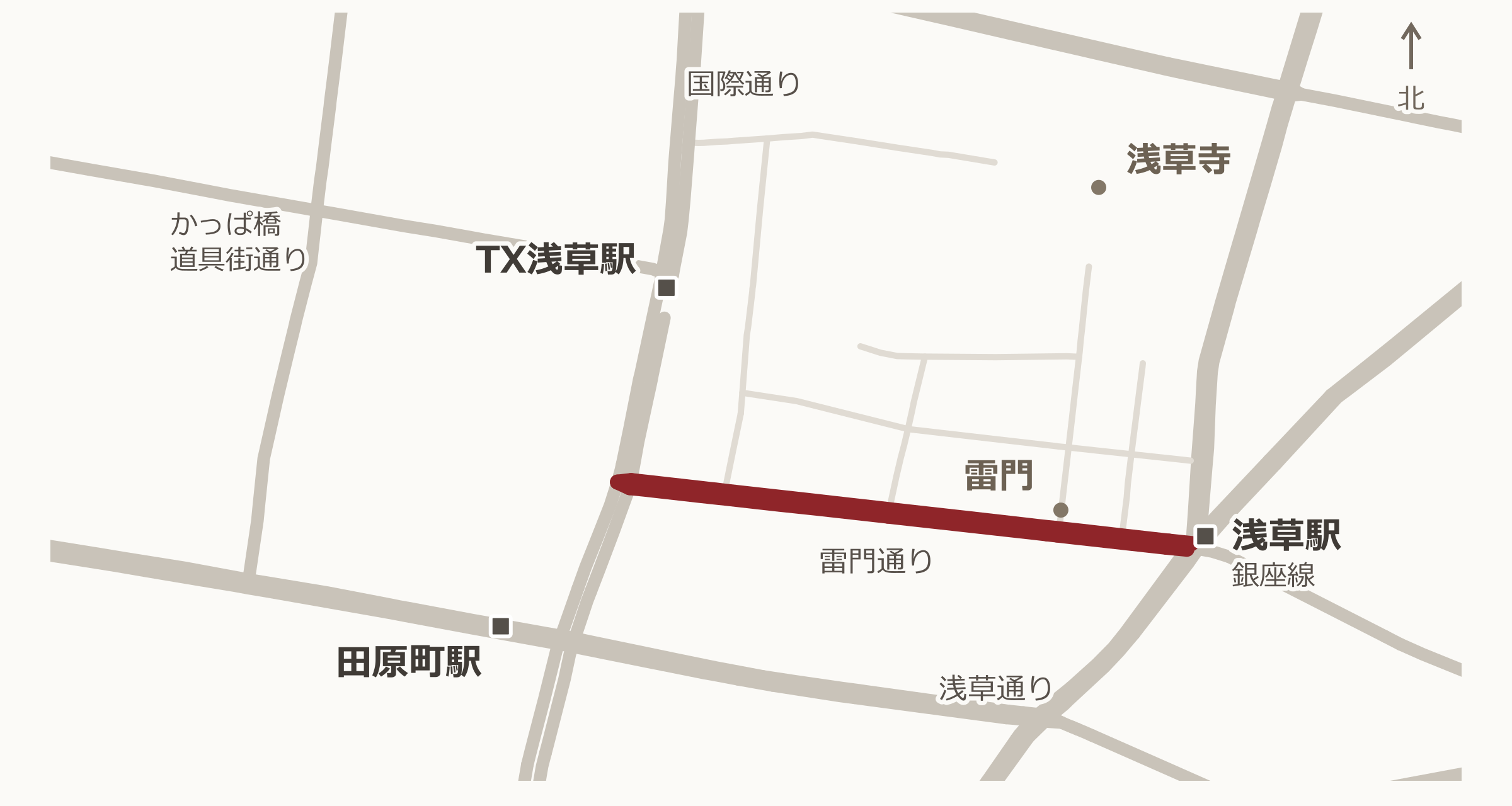 雷門通りの簡易マップ。主要道路・駅と目的地の位置関係