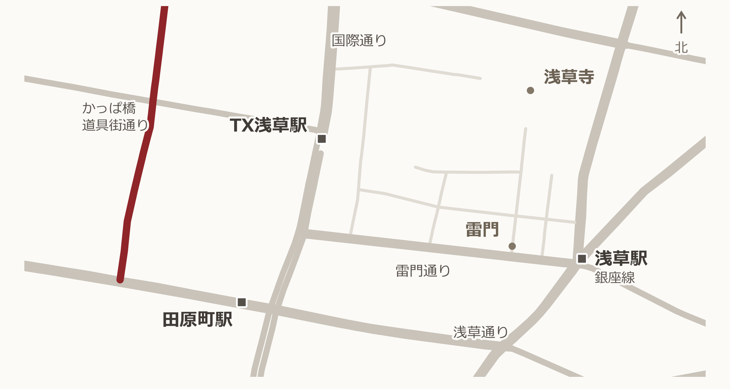 かっぱ橋道具街の簡易マップ。主要道路・駅と目的地の位置関係