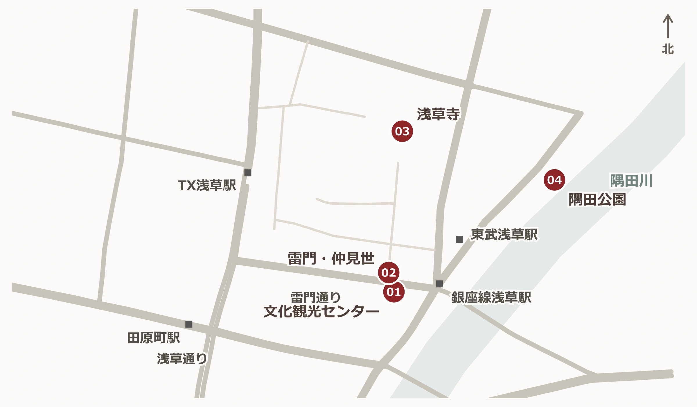 2時間コースの4スポットと浅草の駅の位置関係